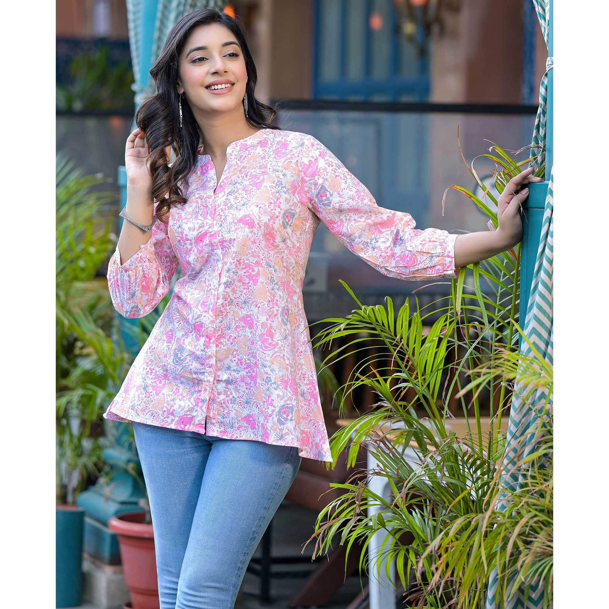 Pink Floral Printed Pure Cotton A-Line Top