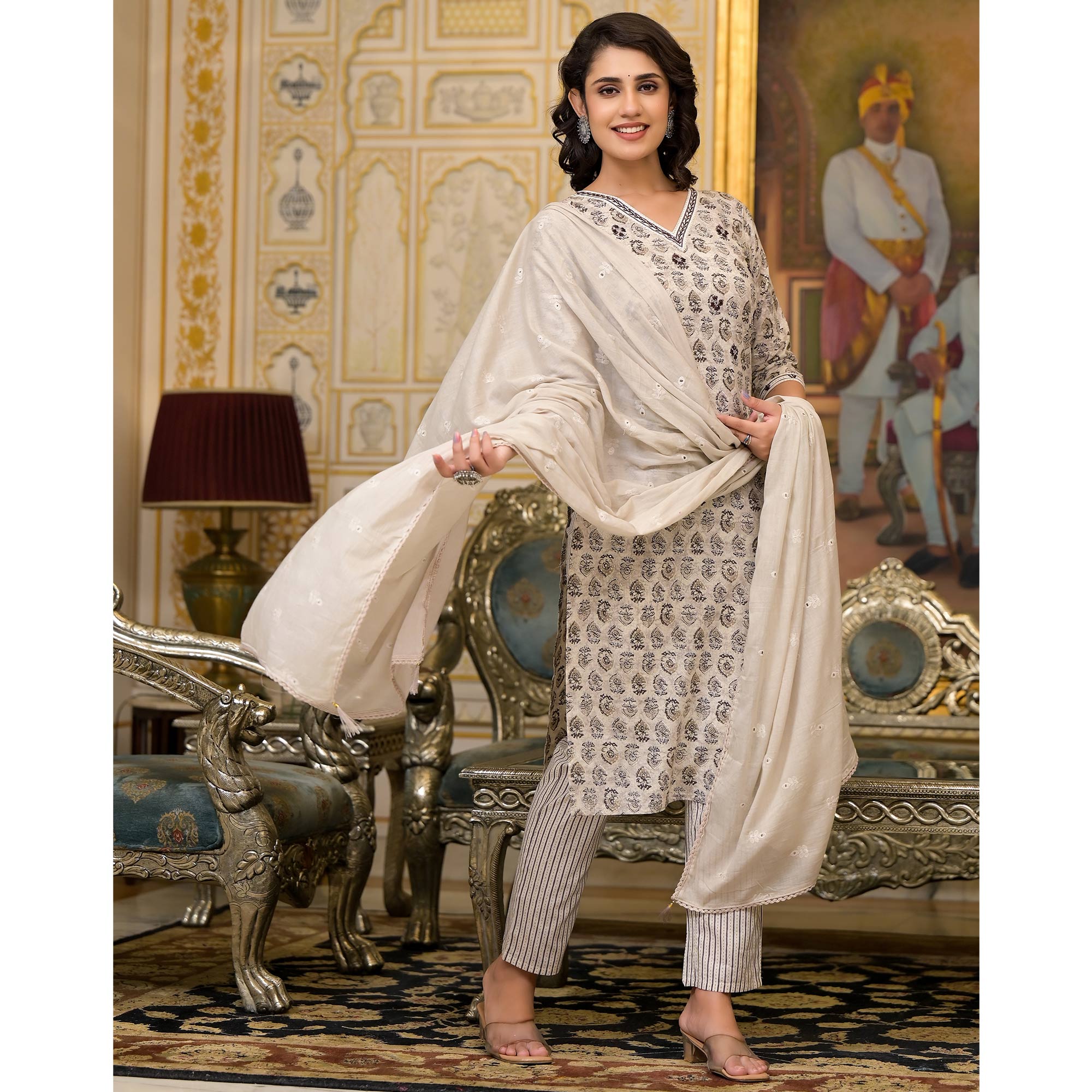 Dark Grey Floral Printed Pure Cotton Straight Salwar Suit