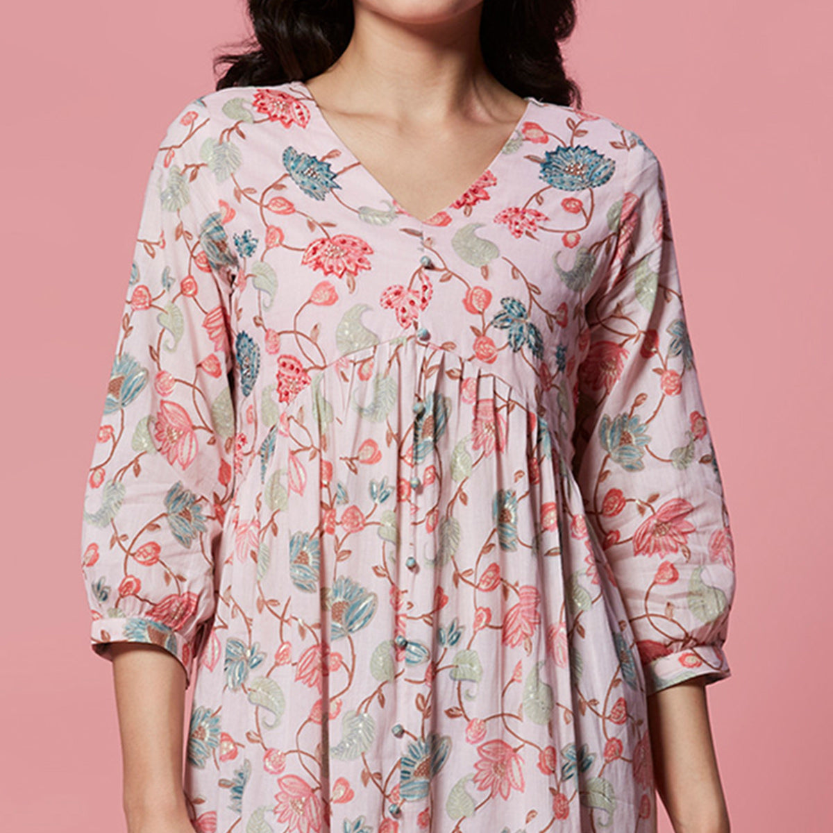 Peach Floral Printed Pure Cotton Dress