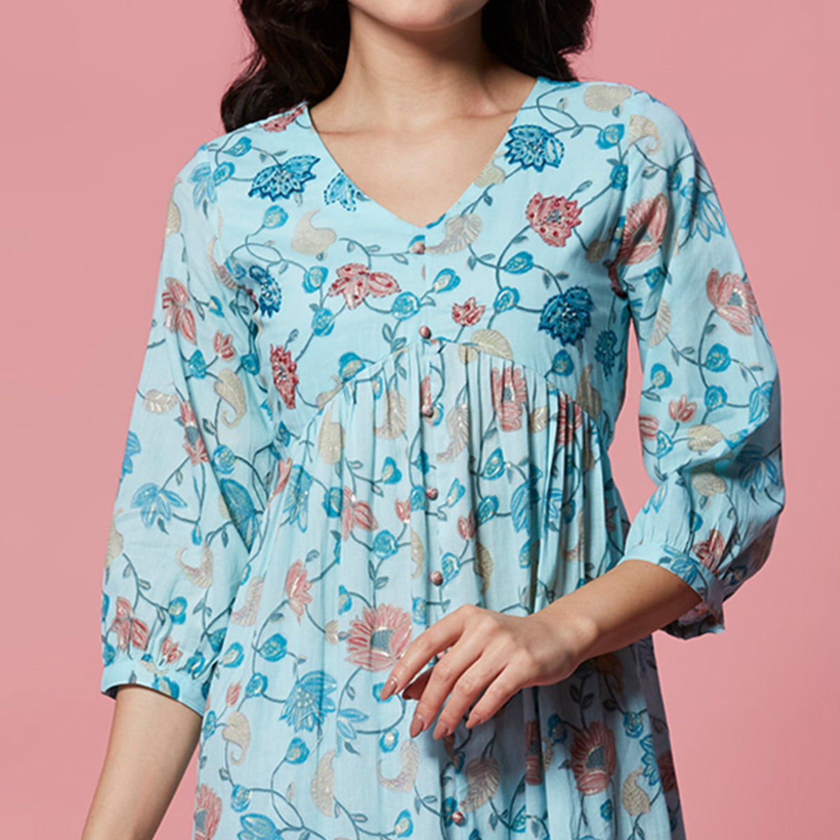 Turquoise Floral Printed Pure Cotton Dress