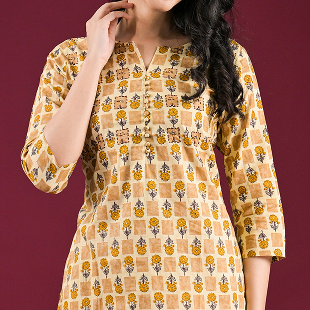 Mustard Floral Printed Pure Cotton Straight Kurti