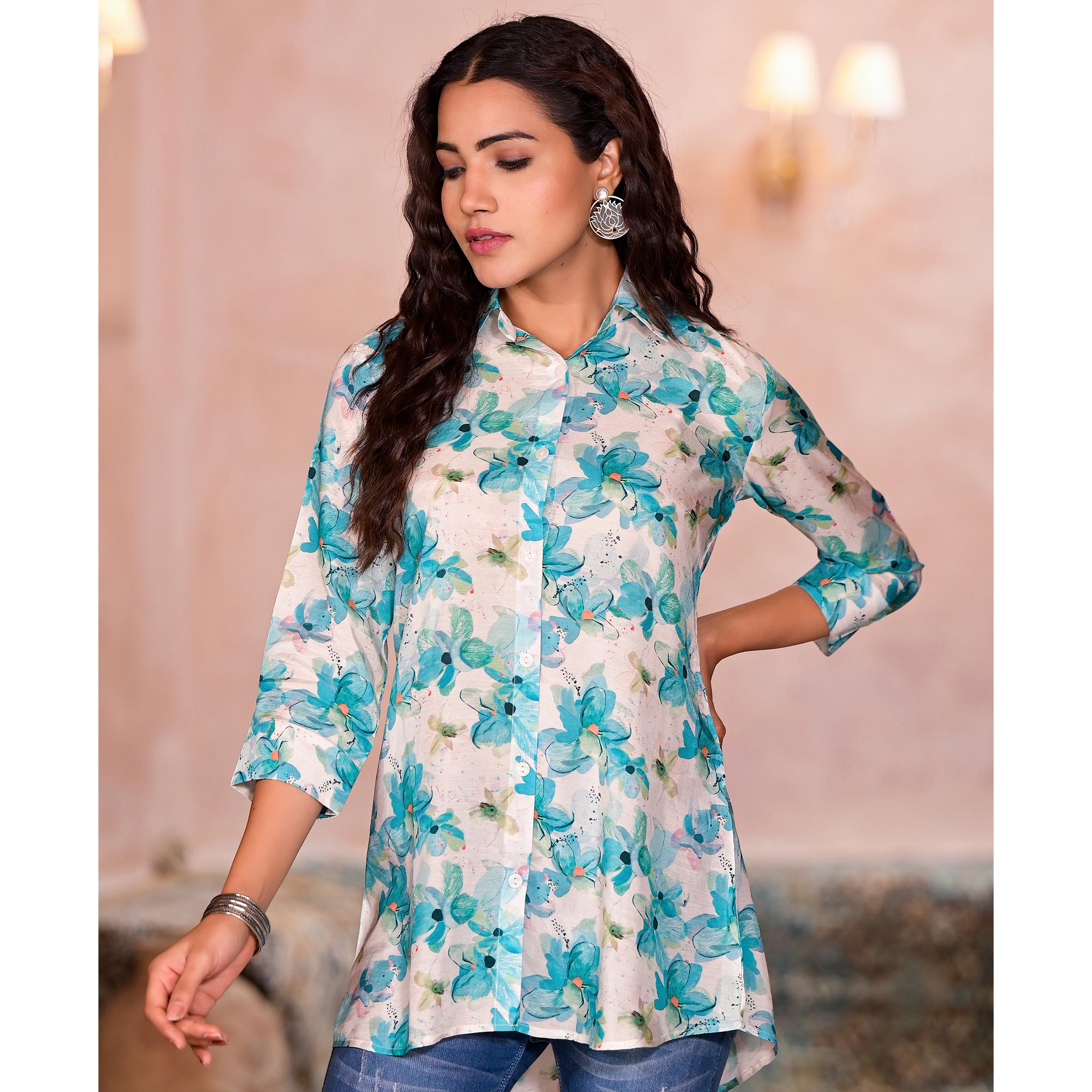 Turquoise Floral Printed Muslin Top