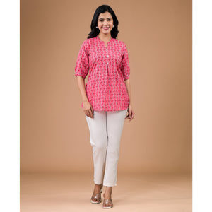 Pink Foil Printed Pure Cotton A-Line Top