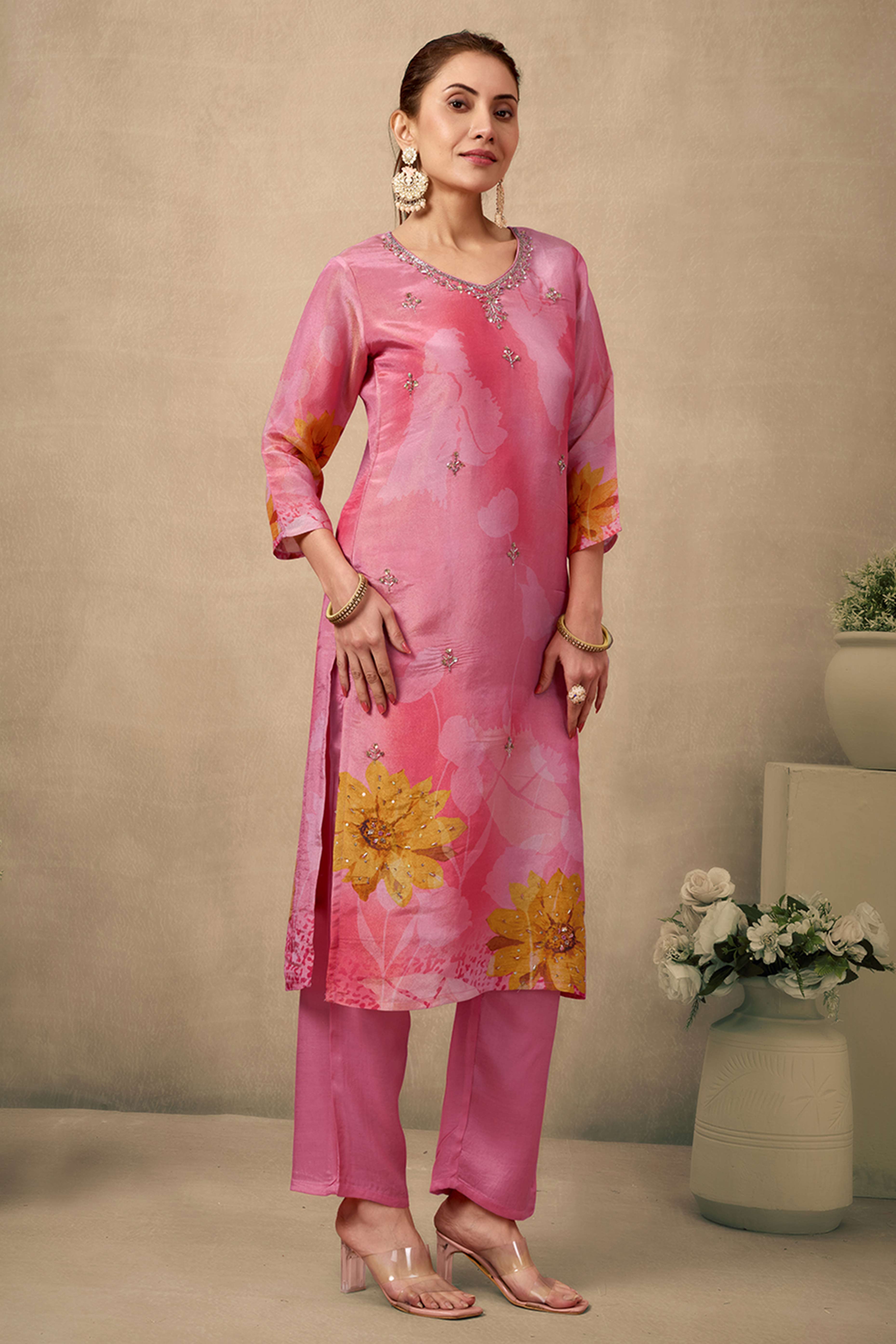 Bright Peach Organza Straight Suit Enhanced with Detailed Embroidery in Stones and Beads