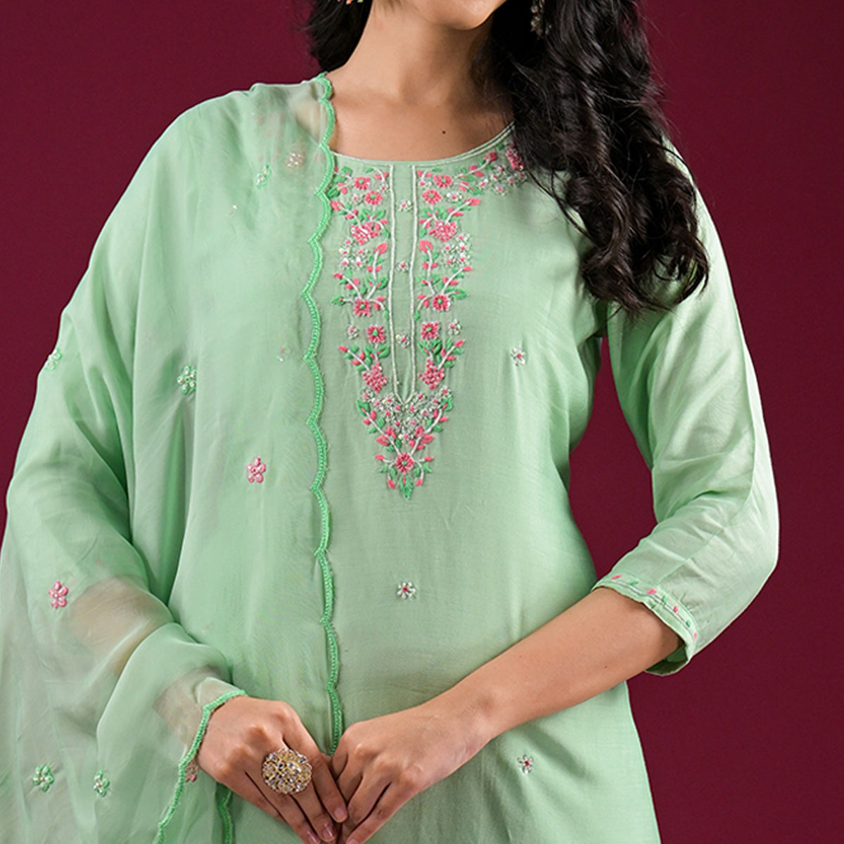 Pista Green Embroidered Muslin Straight Salwar Suit