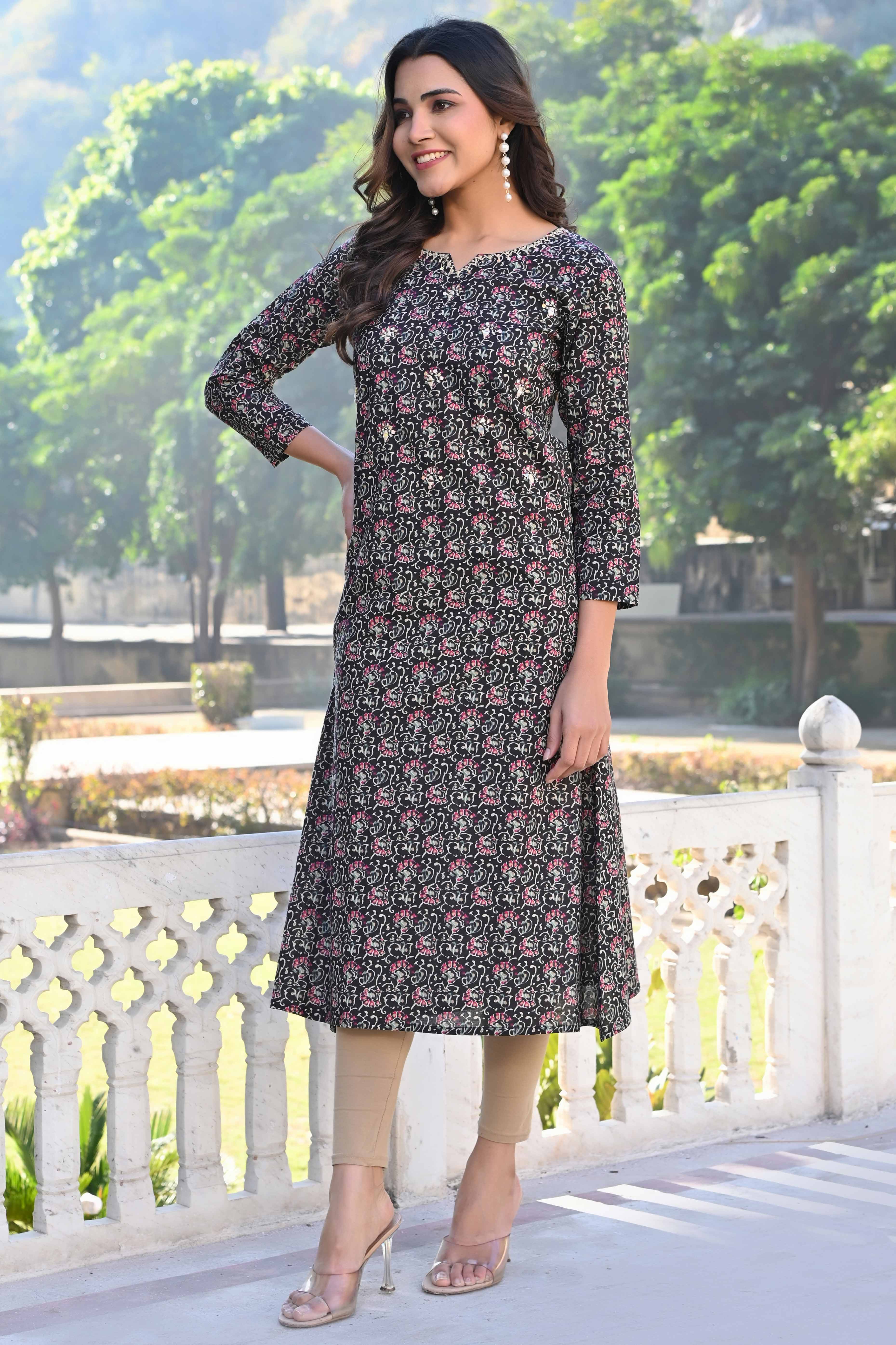 Black Floral Printed Pure Cotton Straight Kurti