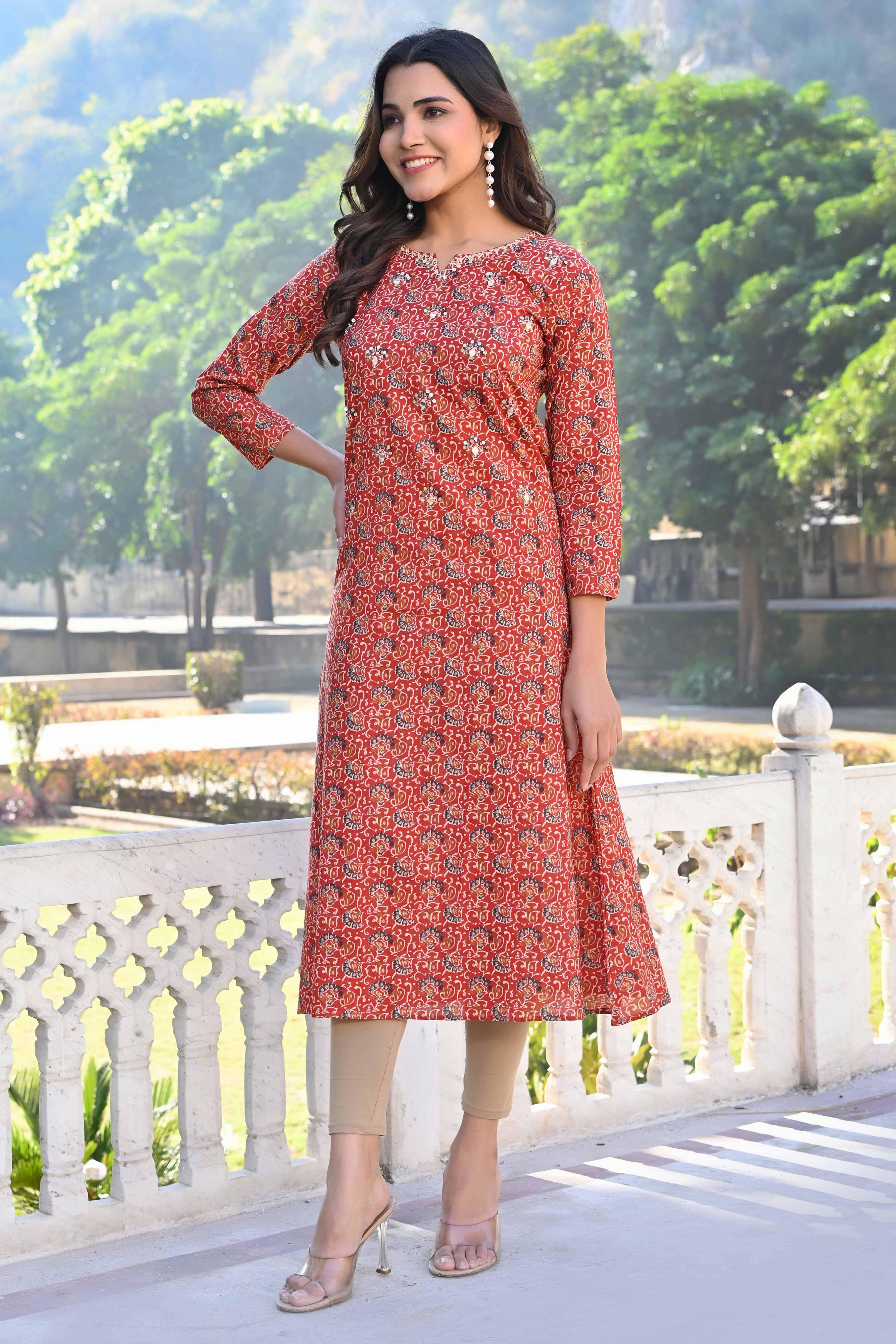 Red Floral Printed Pure Cotton Straight Kurti