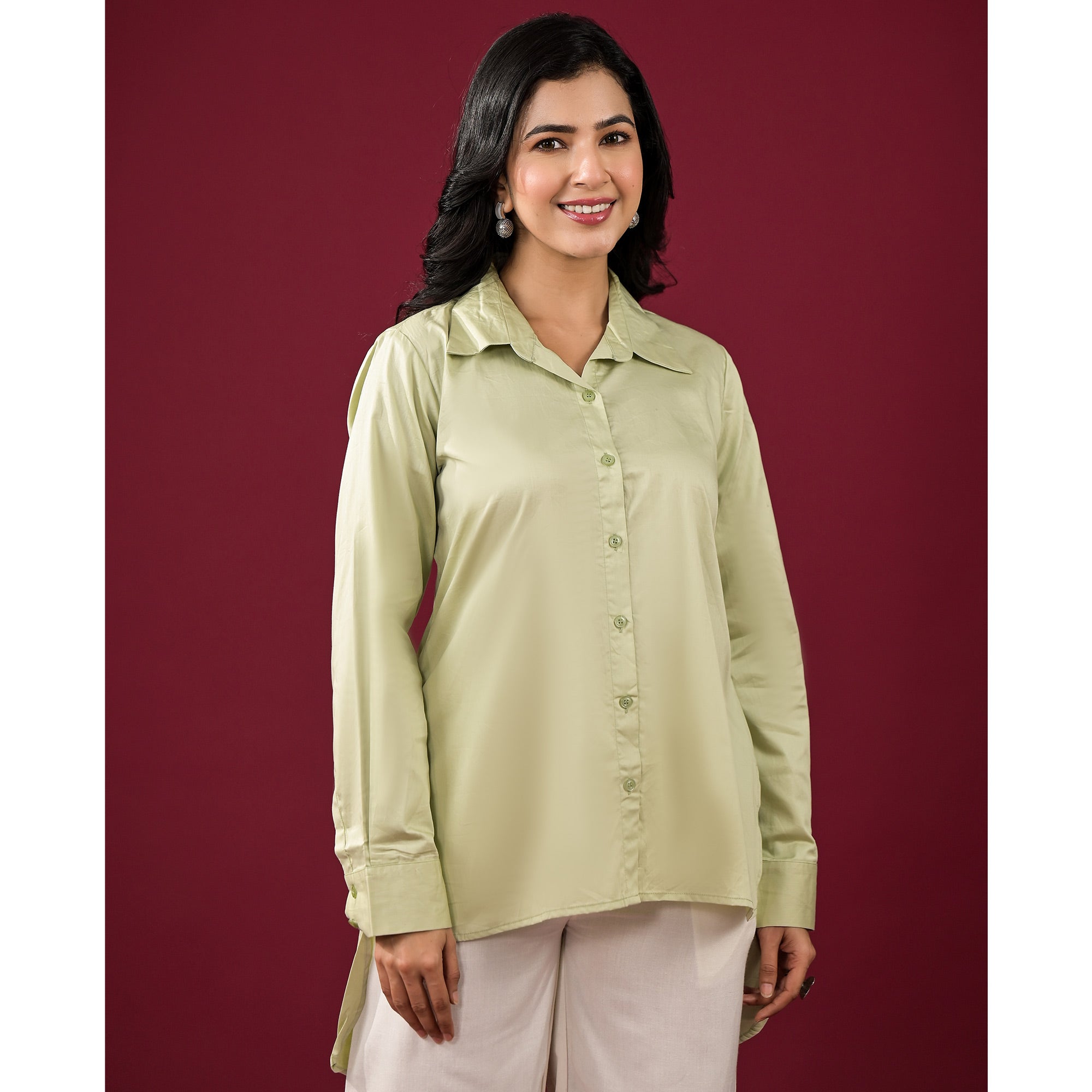 Pista Green Solid Satin High-Low Shirt