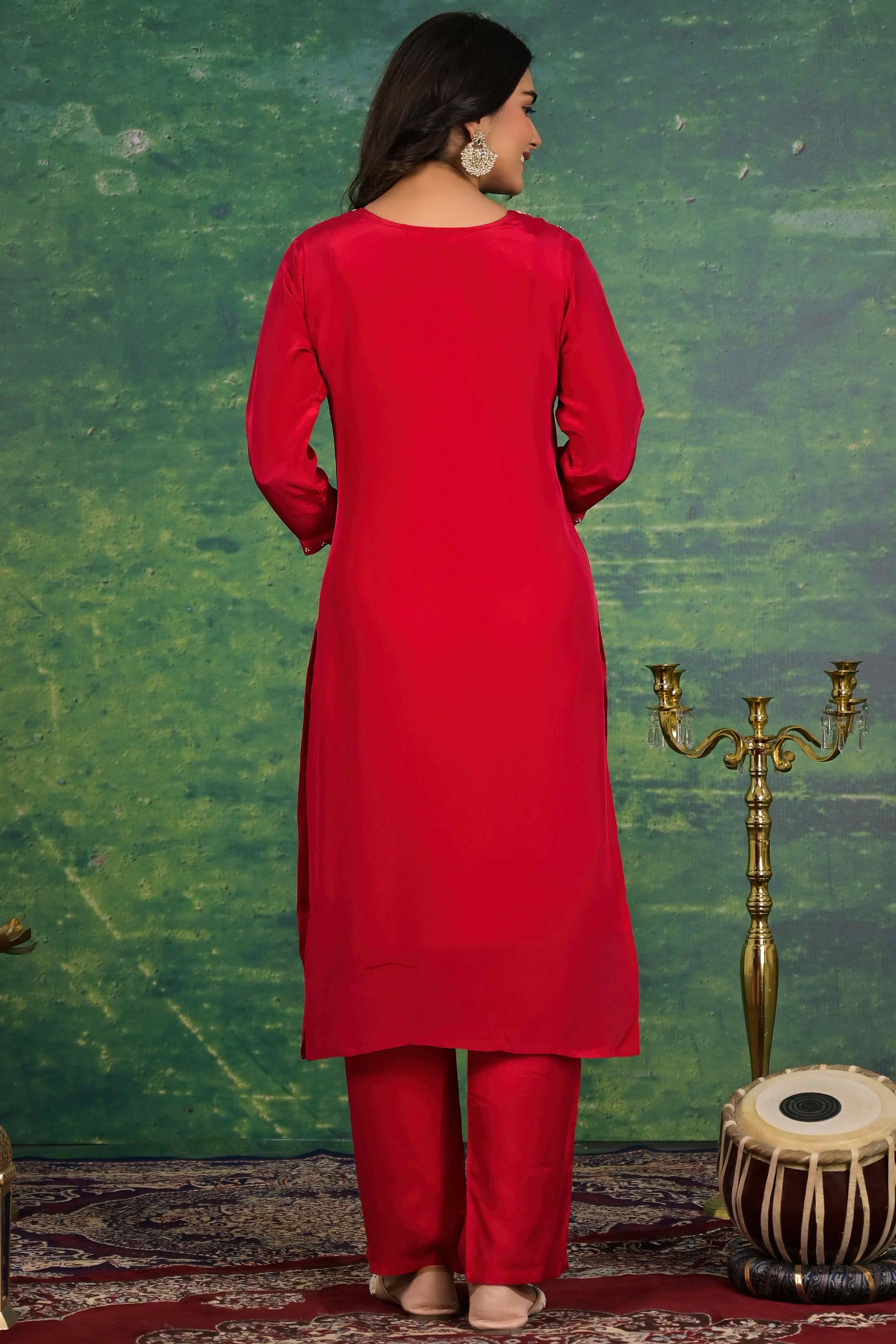 Red Beads Work Embroidered Crepe Salwar Suit