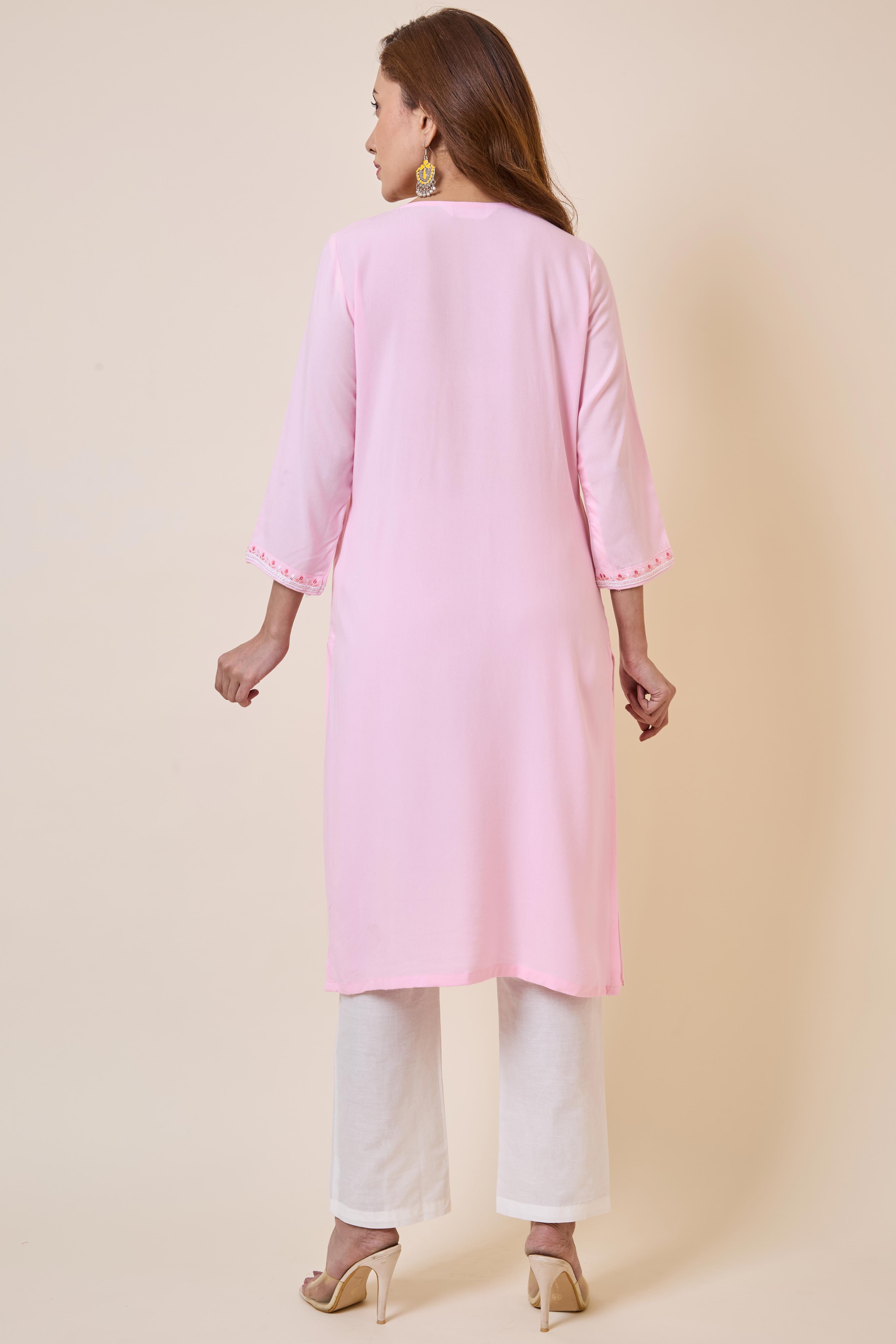 Light Pink Yoke Embroidered Rayon Straight Kurti