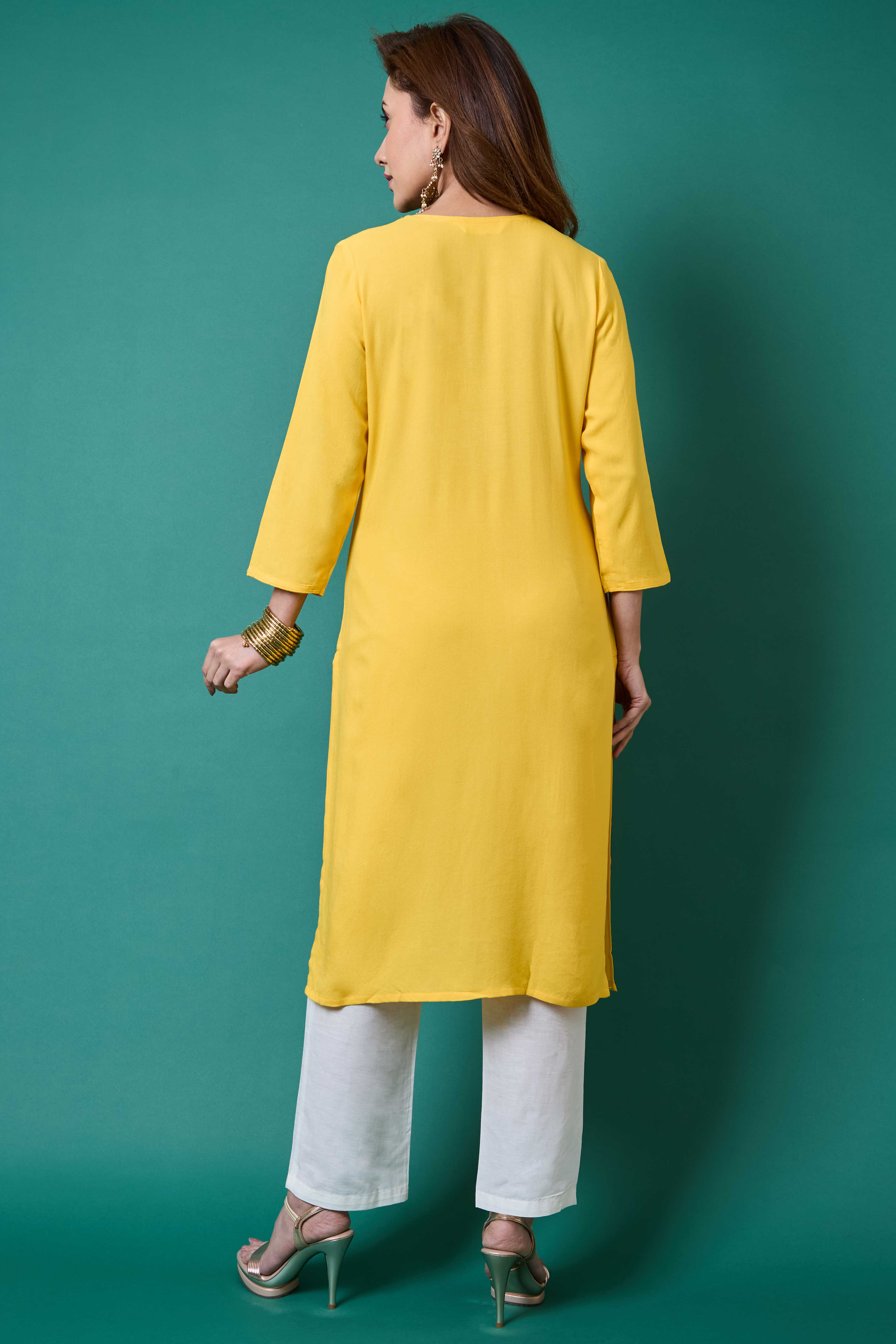 Yellow Yoke Embroidered Rayon Straight Kurti