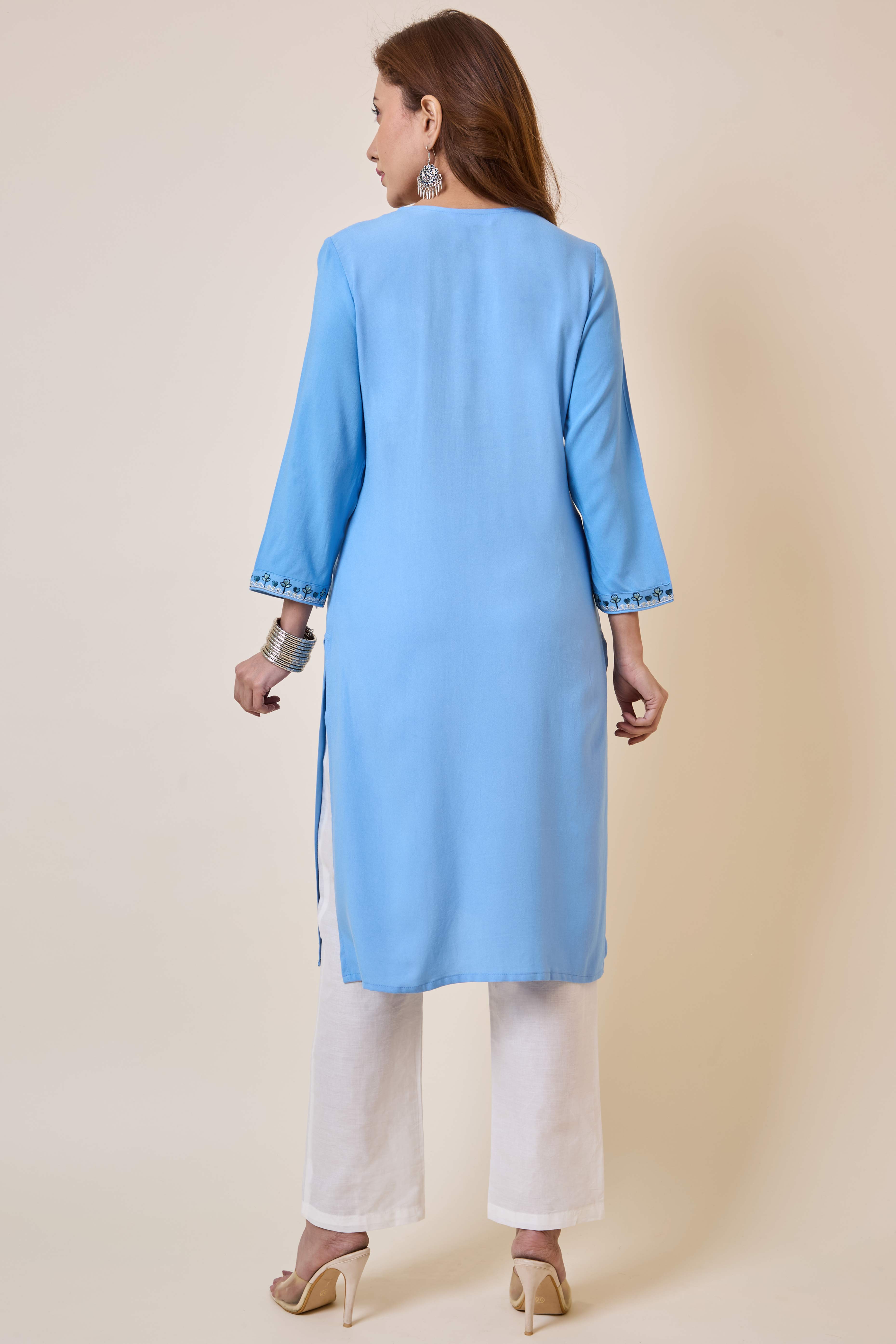 Sky Blue Yoke Embroidered Rayon Straight Kurti