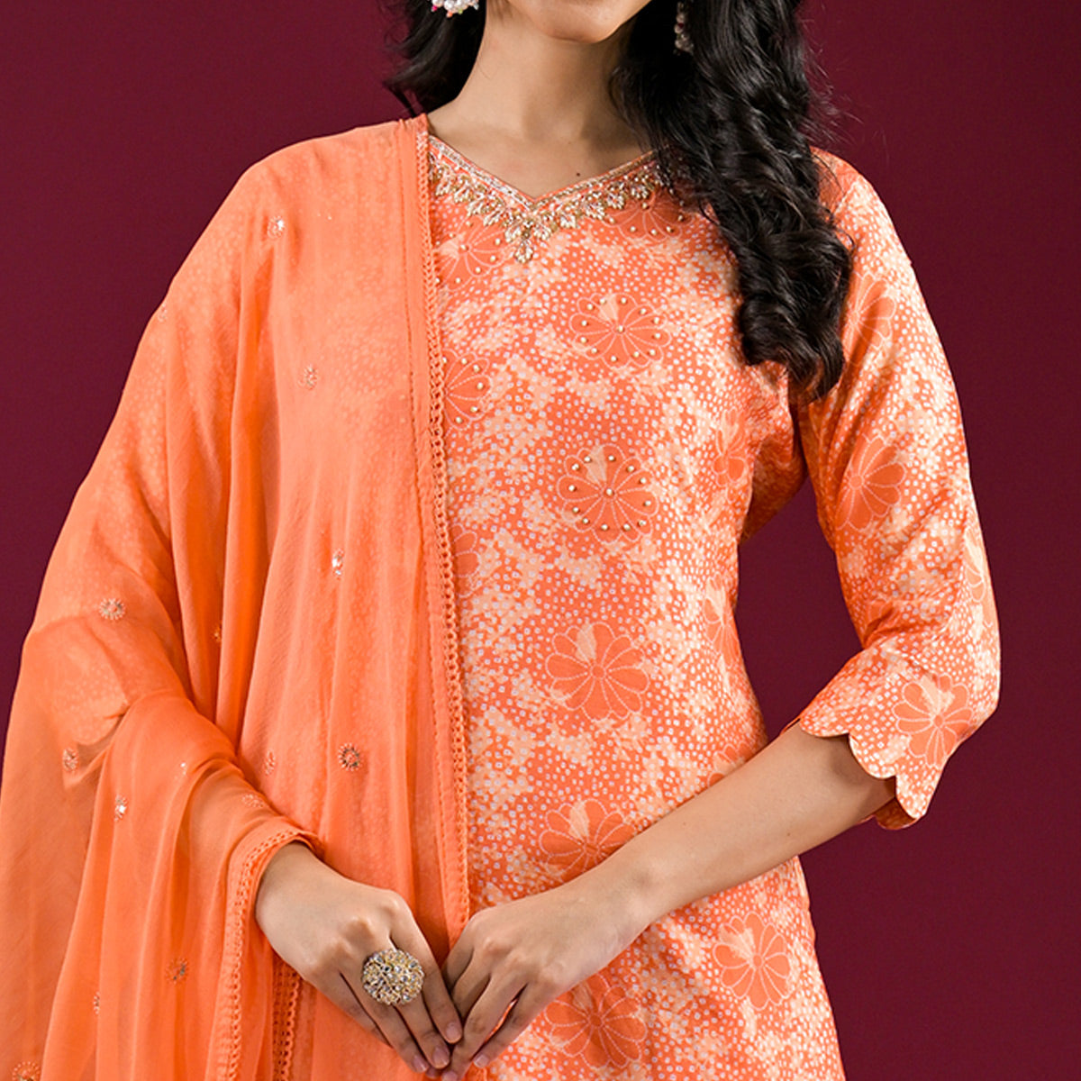 Orange Floral Printed Muslin Straight Salwar Suit