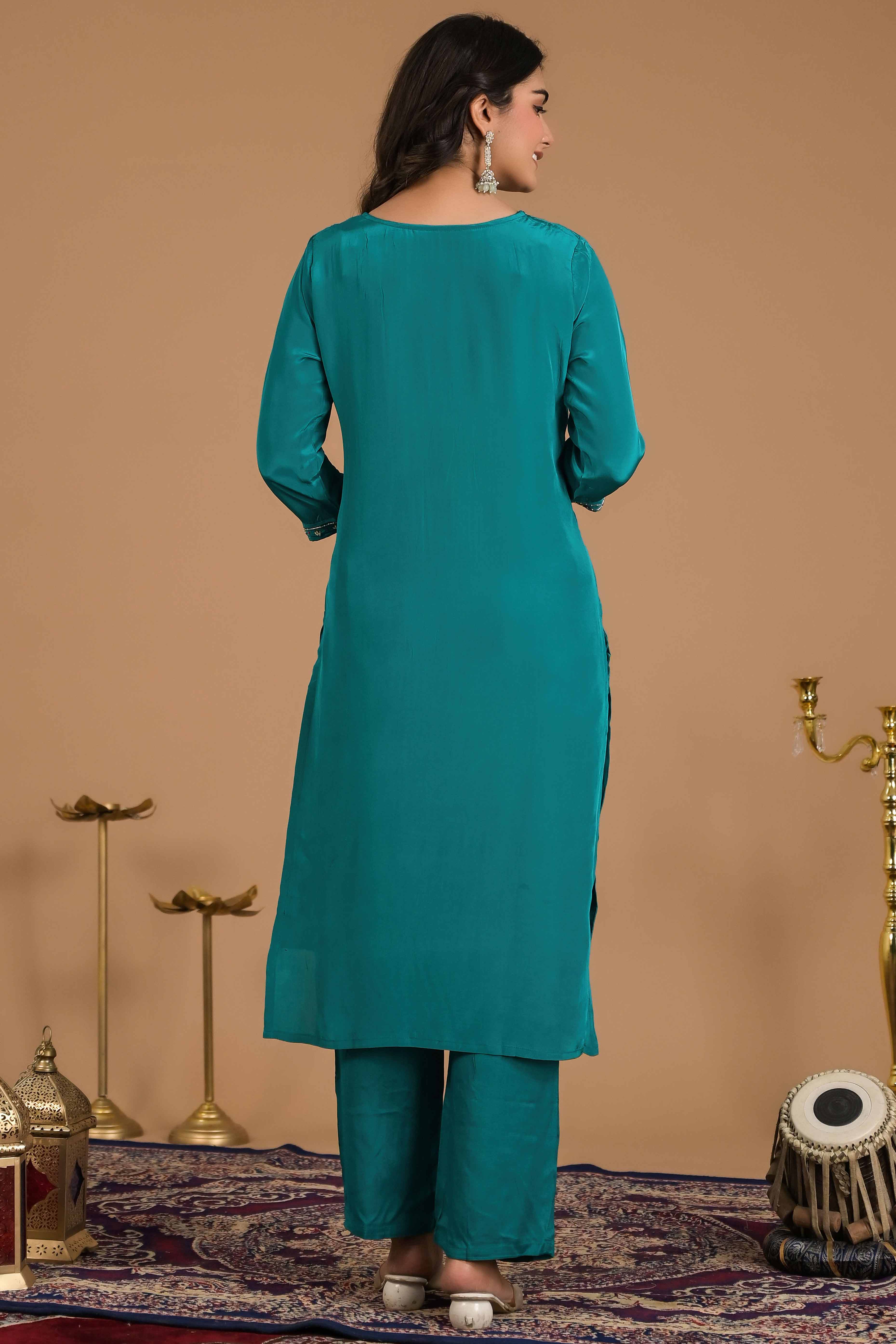 Turquoise Beads Work Embroidered Crepe Salwar Suit