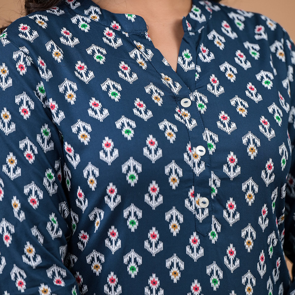 Navy Blue Rayon Printed Straight Kurti