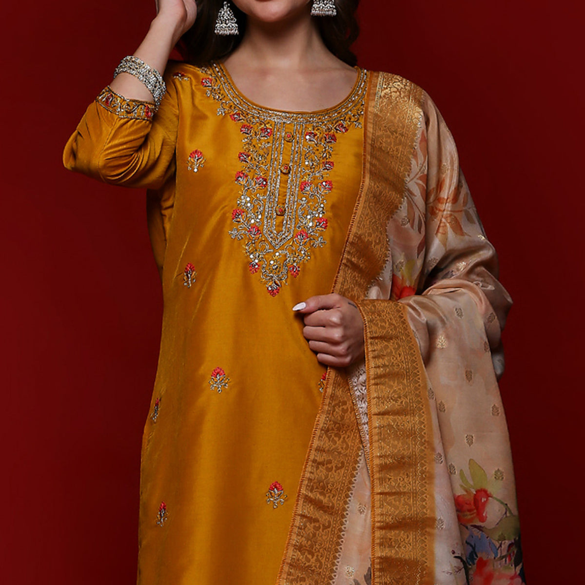 Mustard Floral Embroidered Cotton Silk Salwar Suit