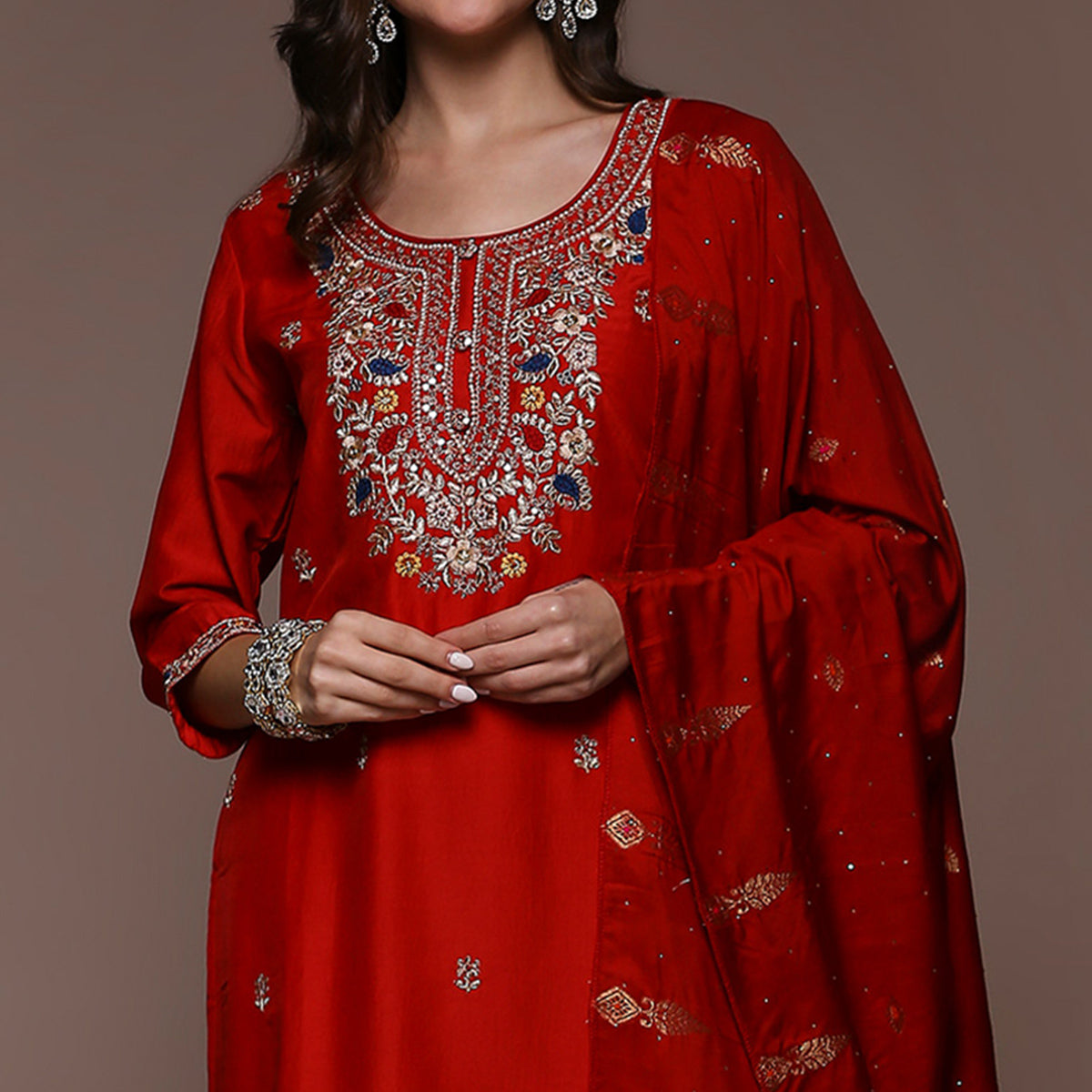 Red Floral Embroidered Cotton Silk Salwar Suit