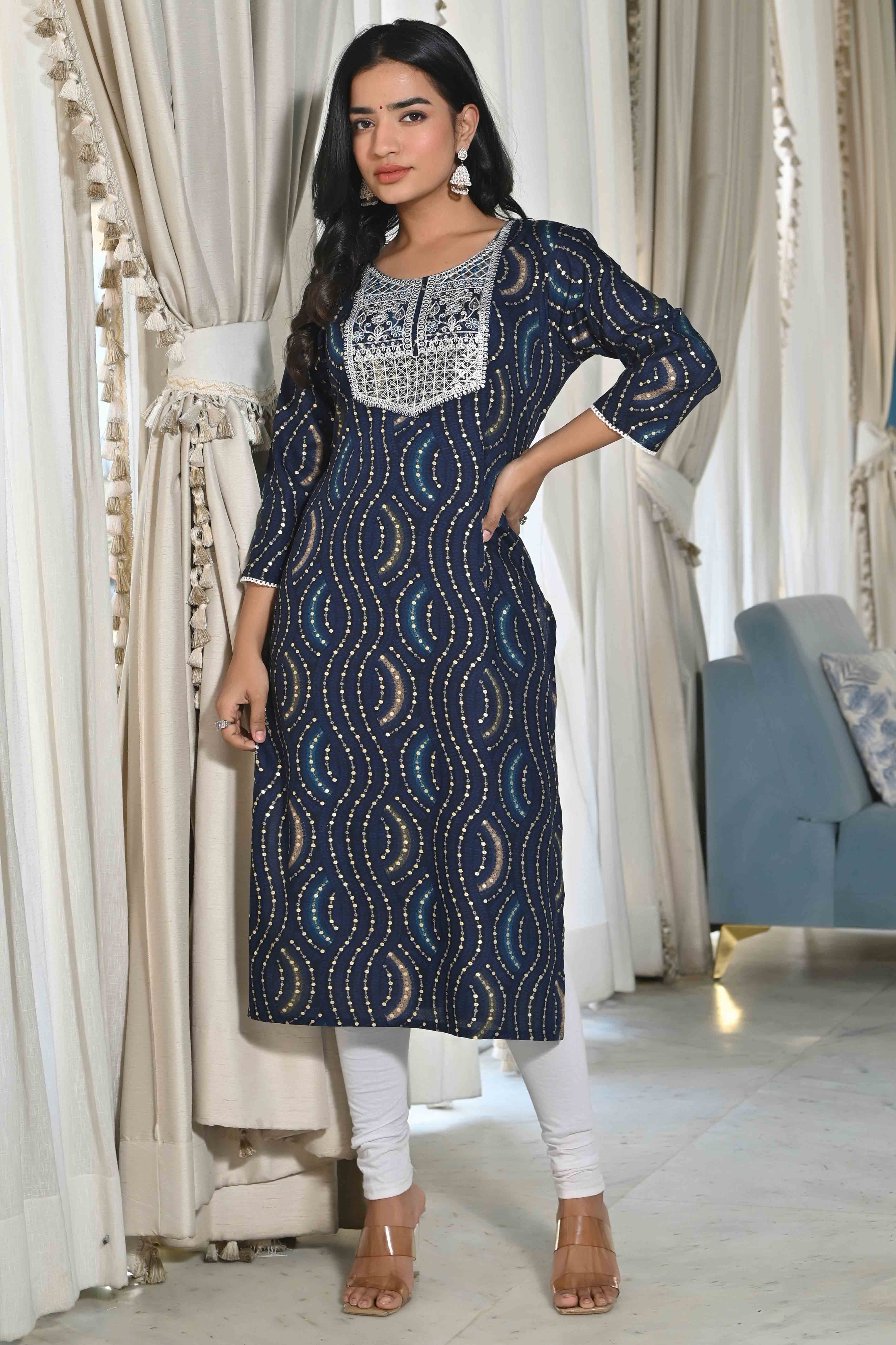 Blue Foil Printed Rayon Straight Kurti