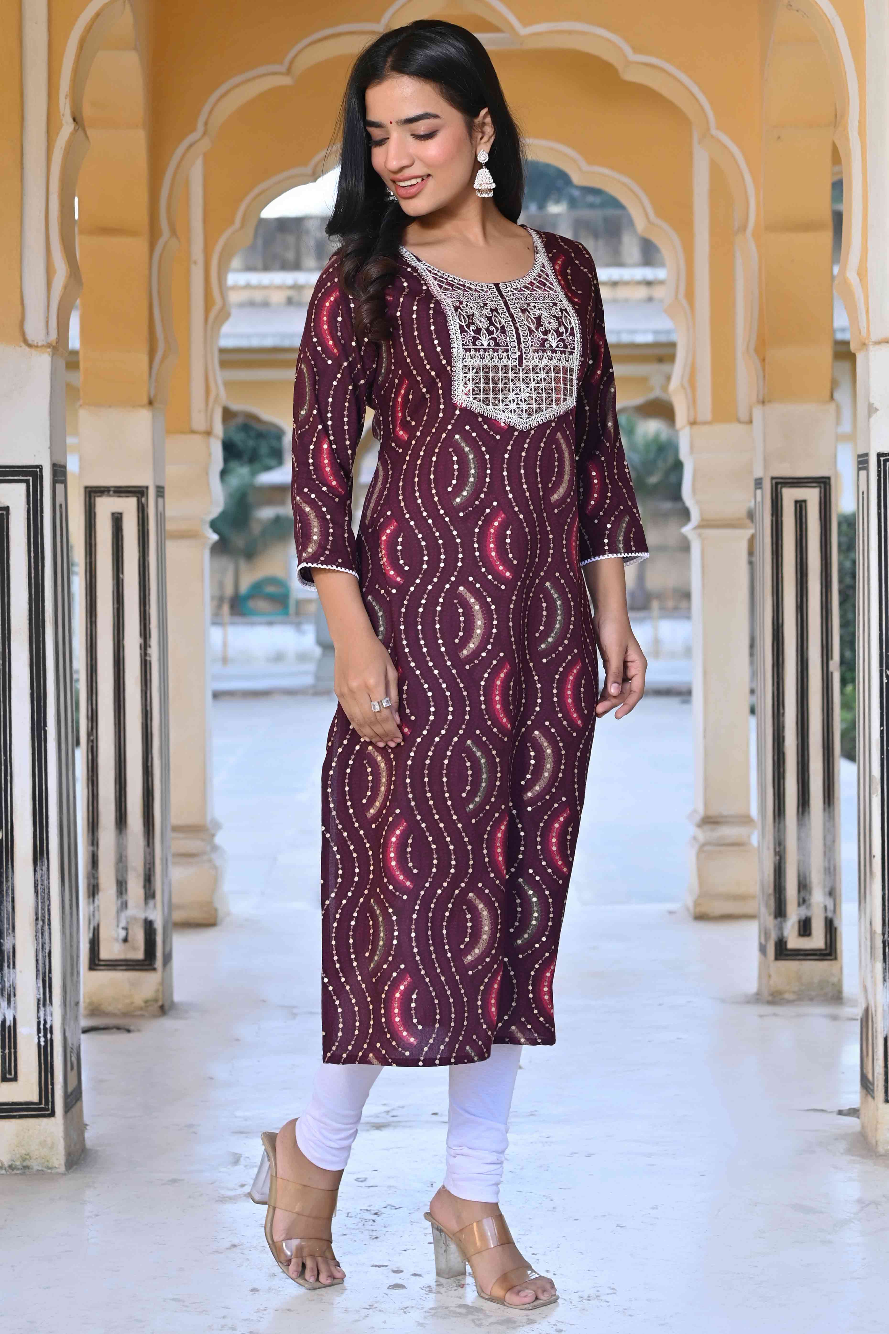 Wine Foil Printed Rayon Straight Kurti