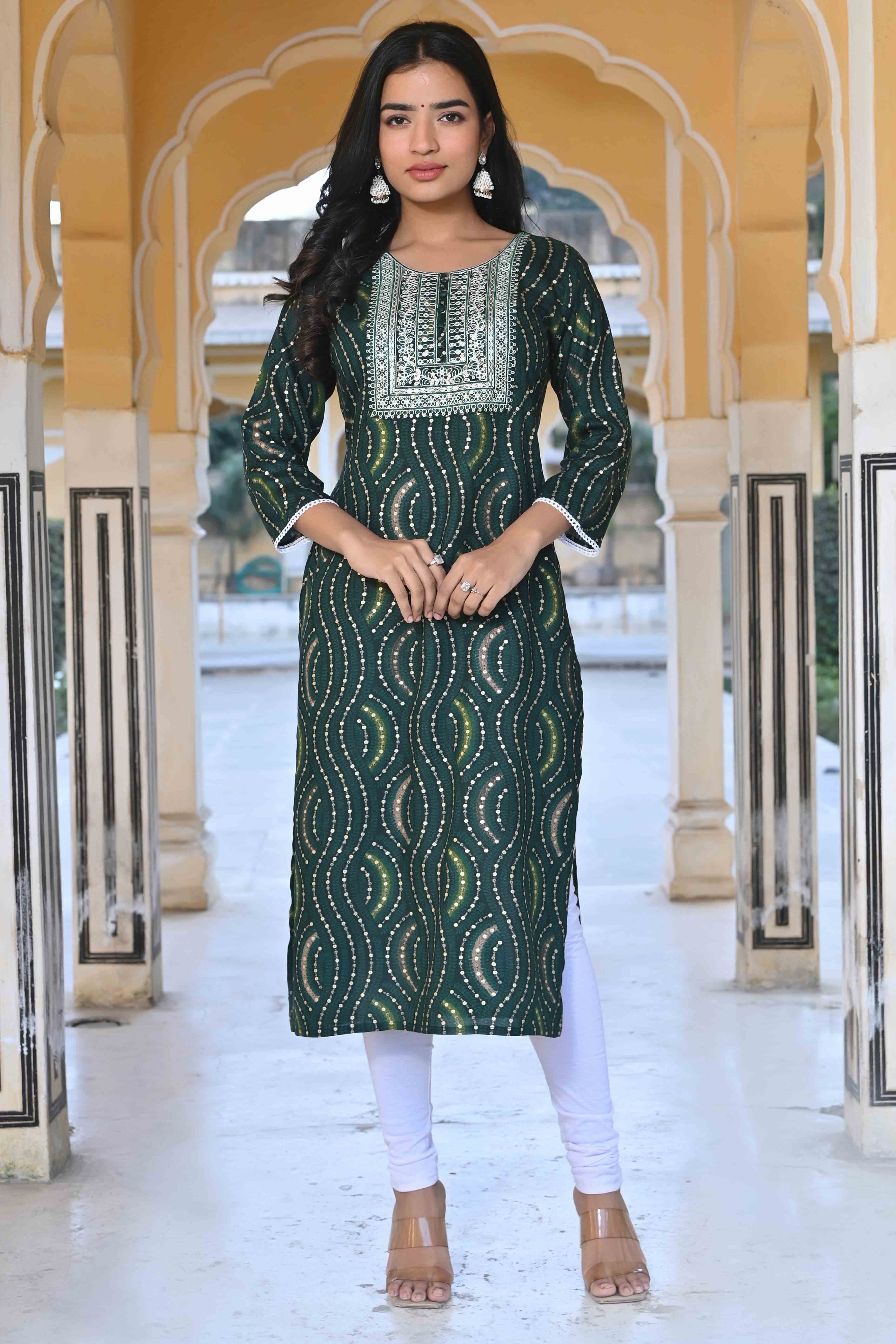 Green Foil Printed Rayon Straight Kurti