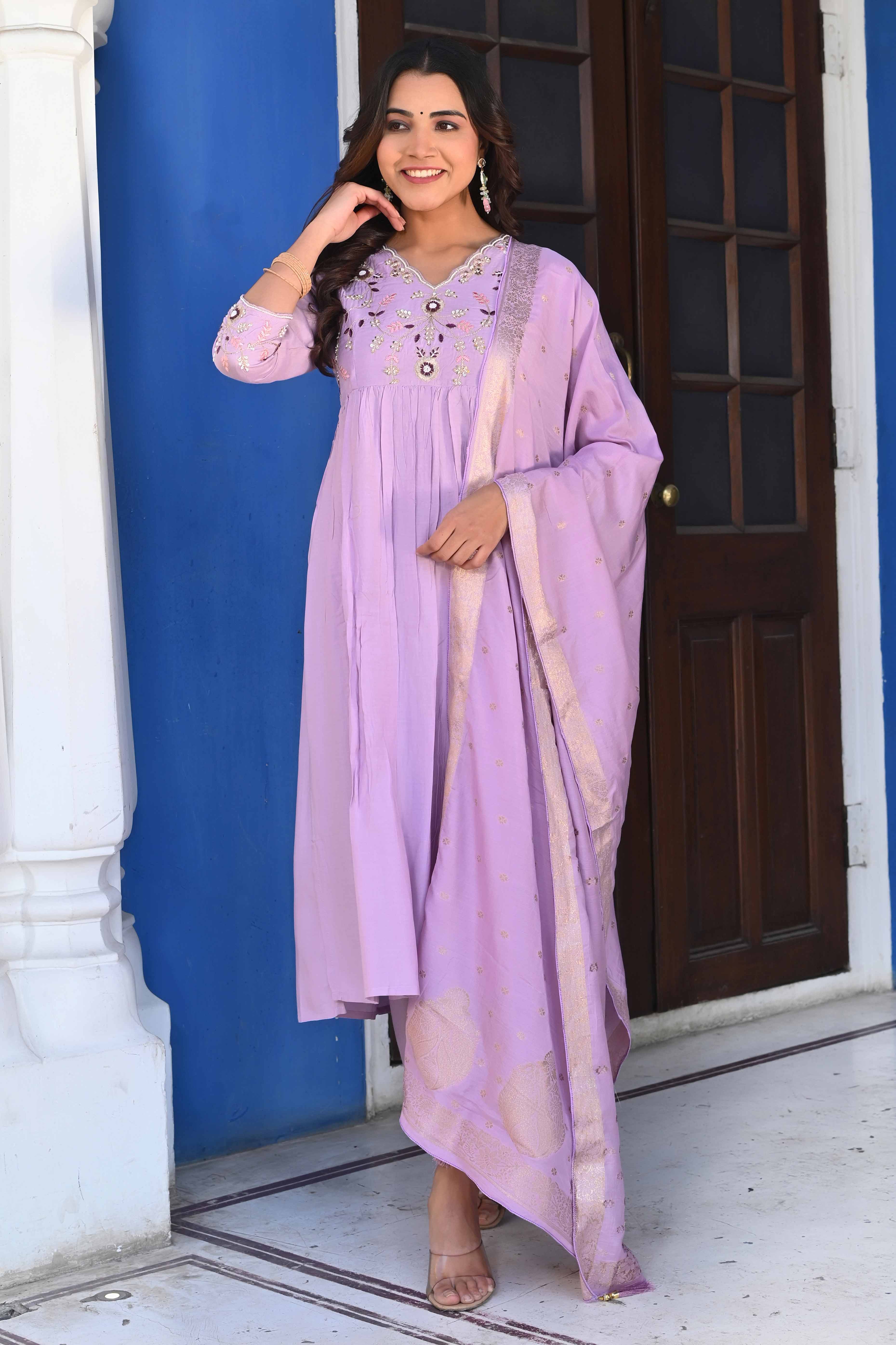 Lavender Floral Embroidered Muslin Anarkali Salwar Suit