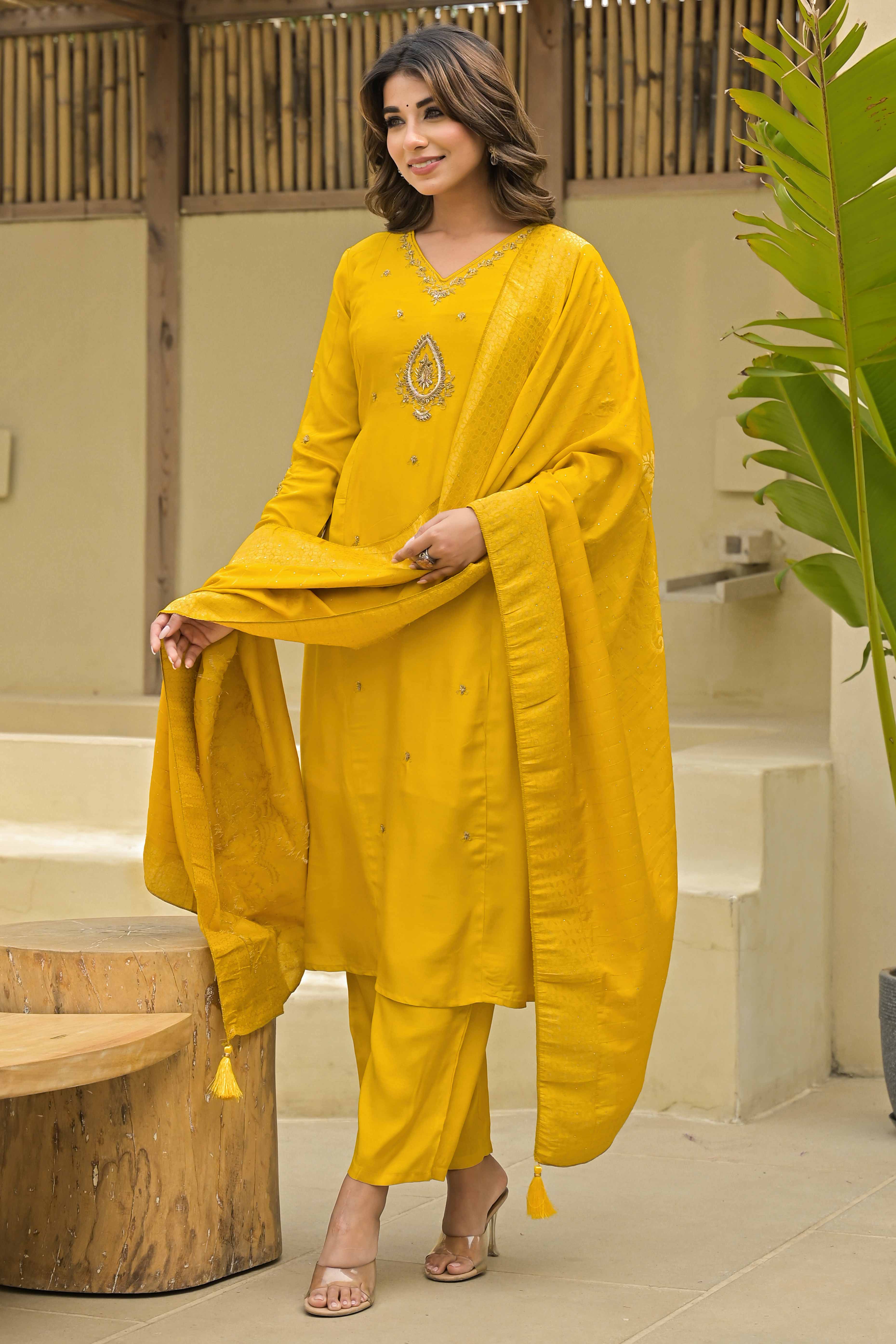 Mustard Hand Ari Work Muslin Anarkali Style Salwar Suit