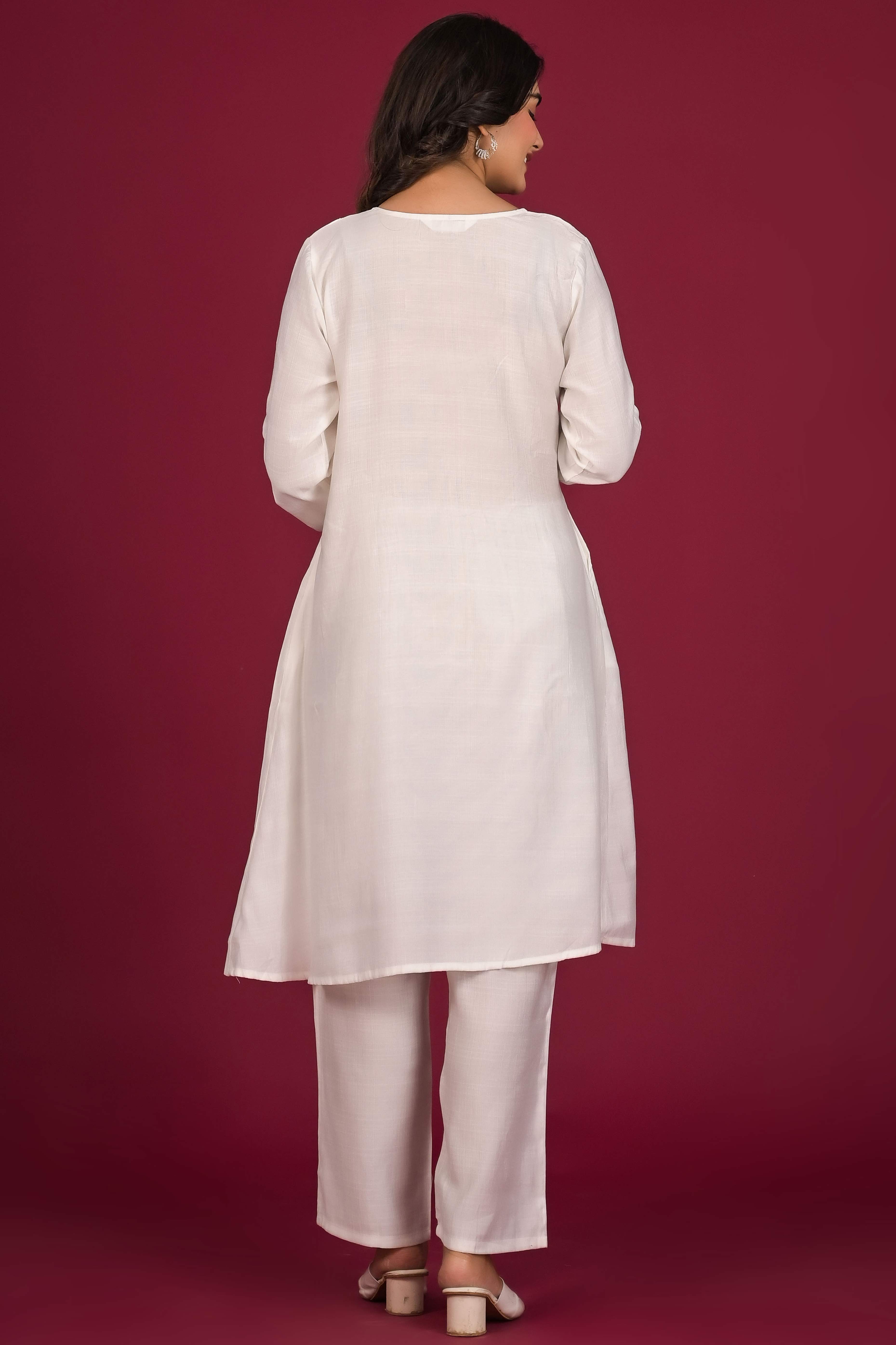 White Neck Embroidered Viscose Top Bottom Set