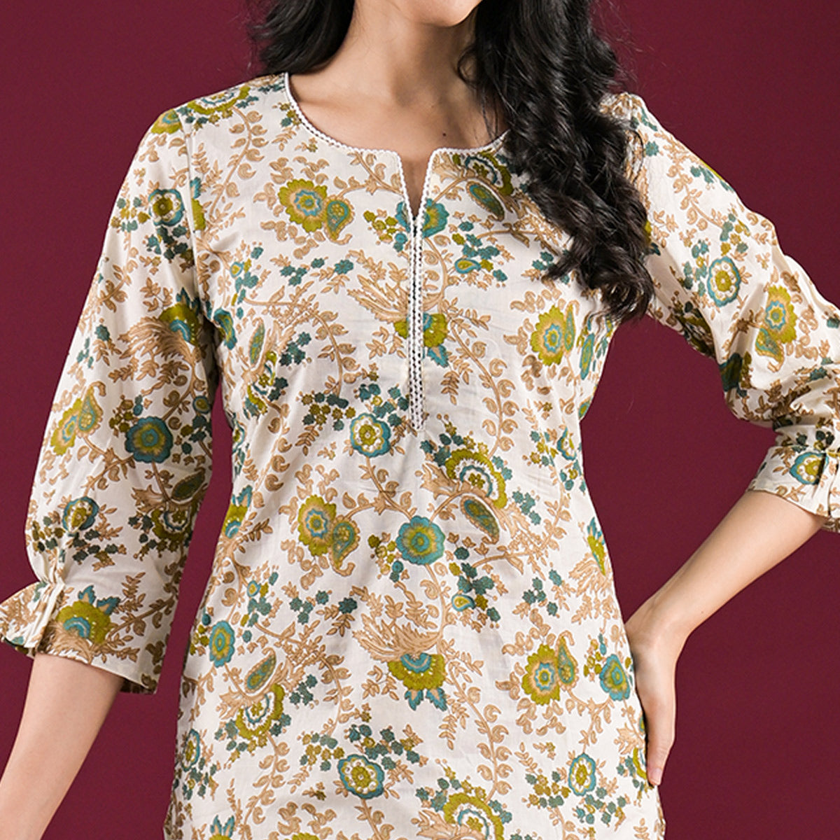 Off White Floral Printed Pure Cotton Straight Kurti