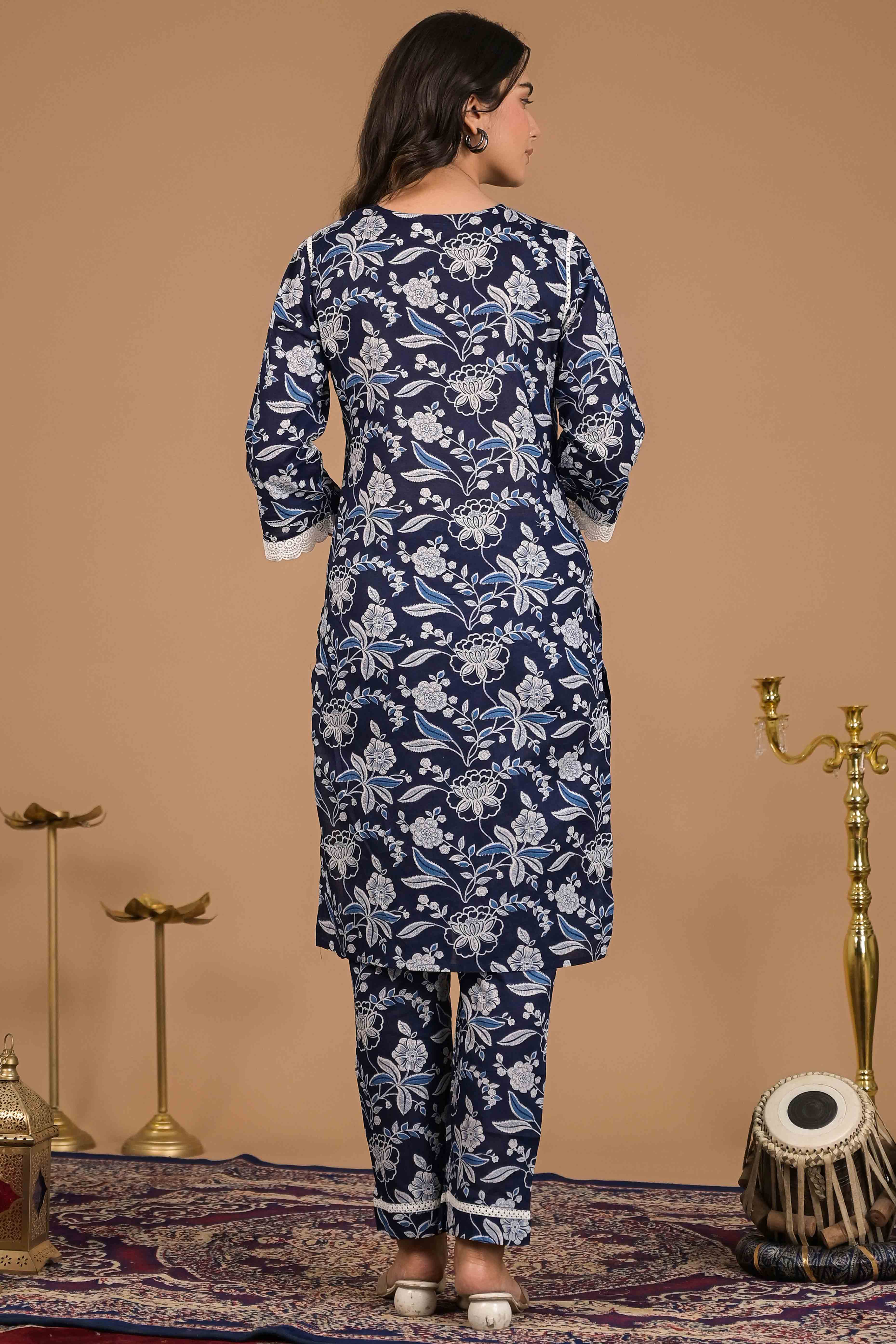 Navy Blue Floral Printed Pure Cotton Top Bottom Set
