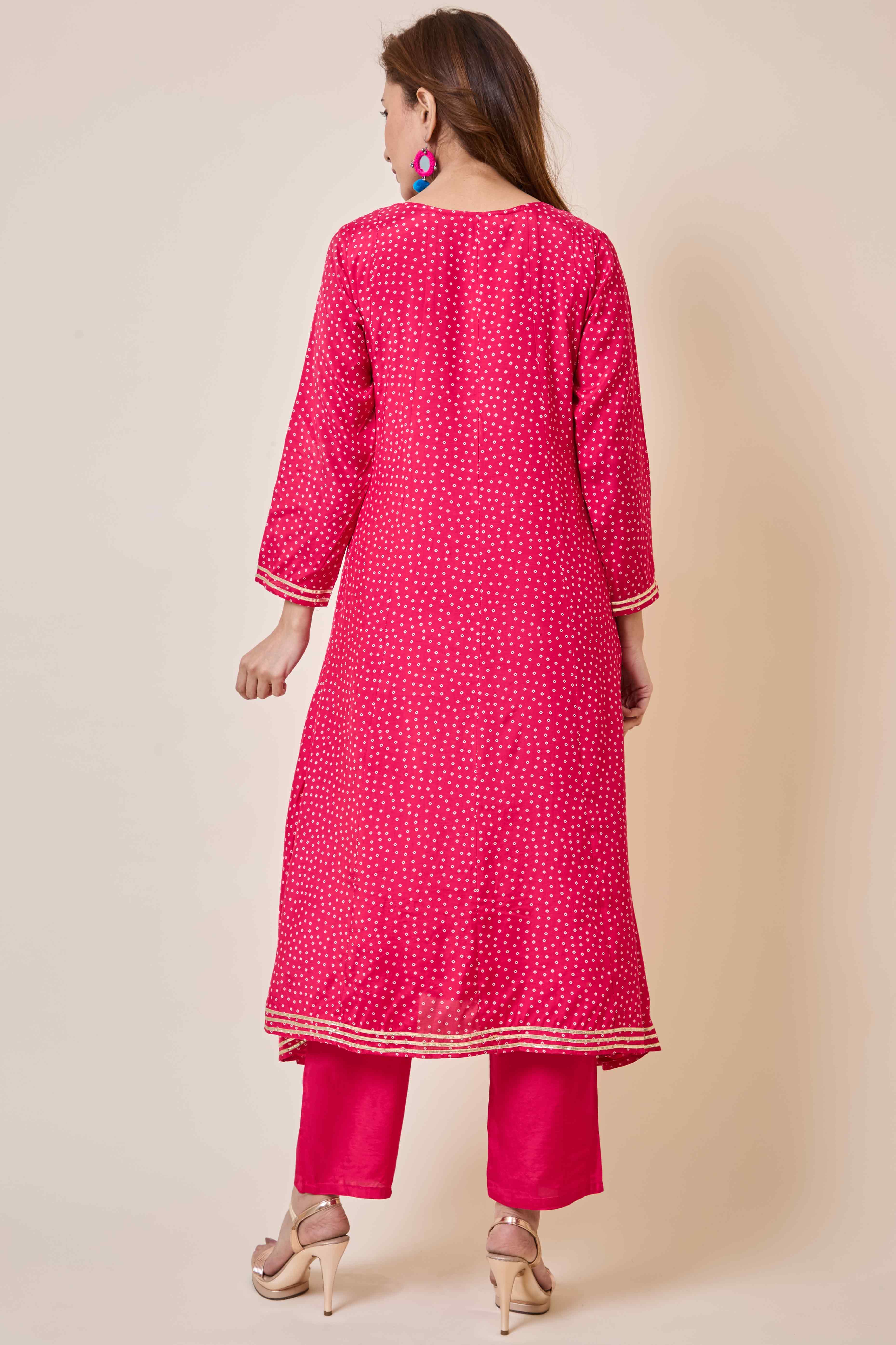 Rani Pink Embroidered Anarkali Style Muslin Salwar Suit