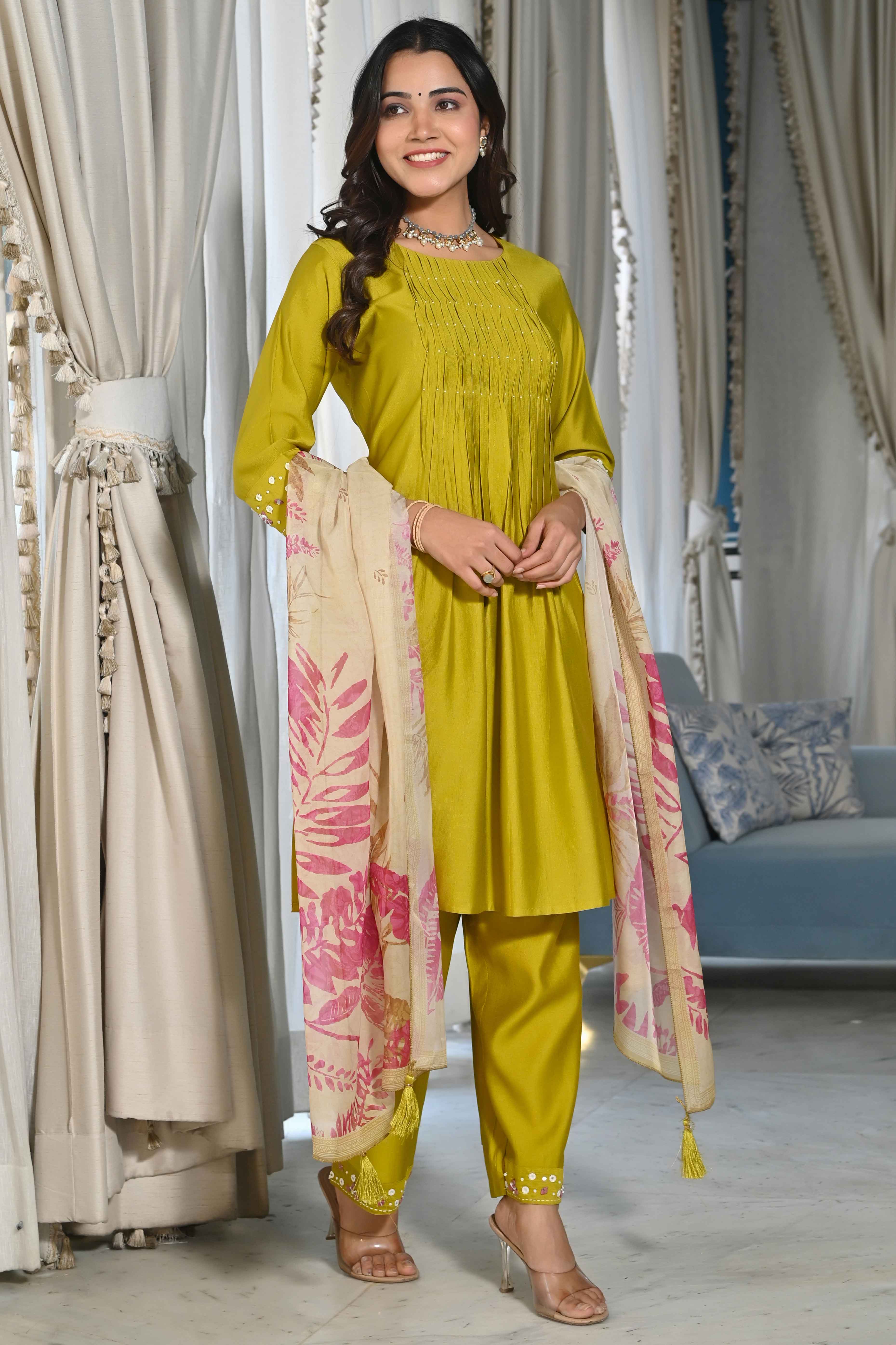 Olive Embroidered Viscose Salwar Suit