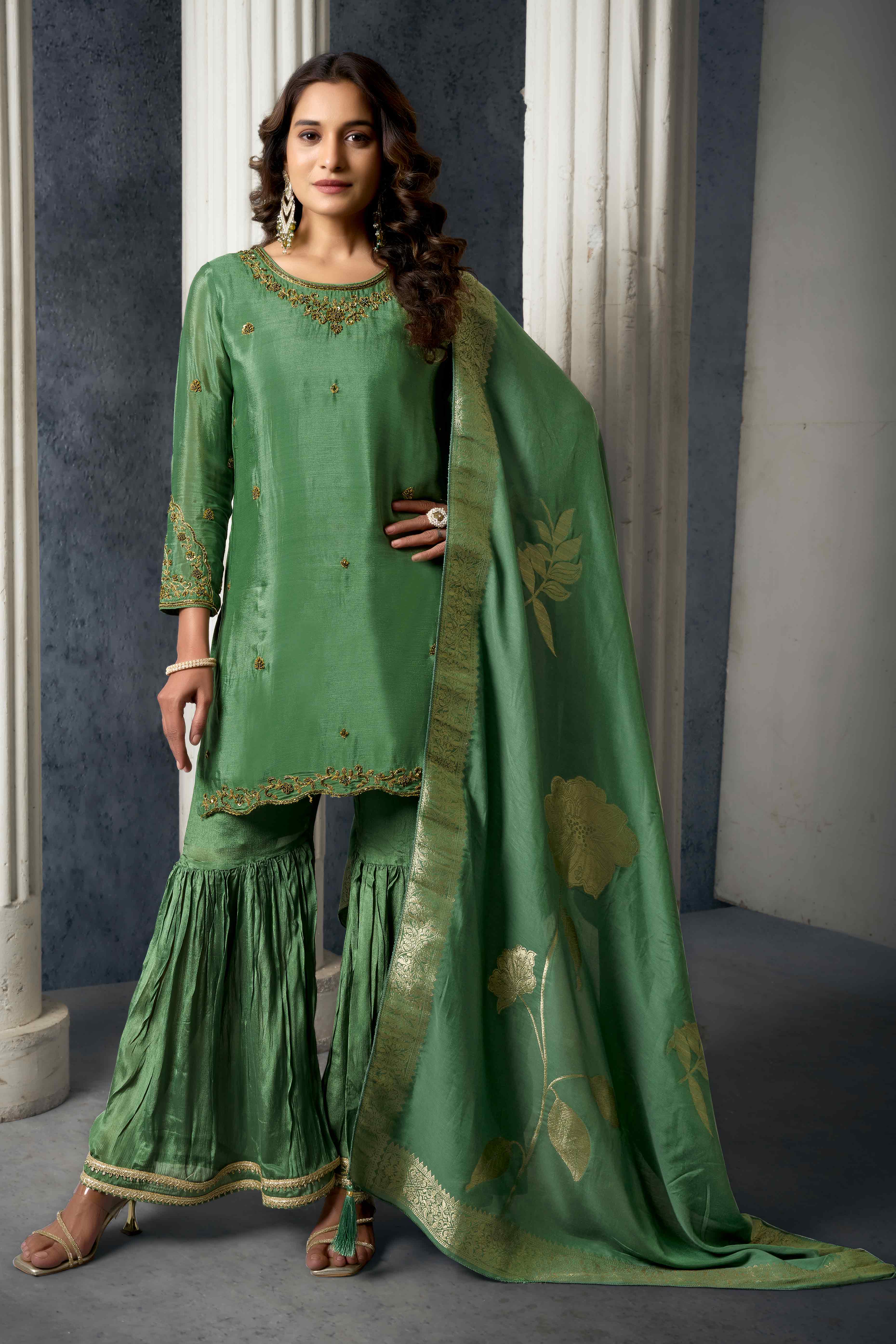 Olive Zardosi Work Embroidered Pure Chinon Sharara Suit