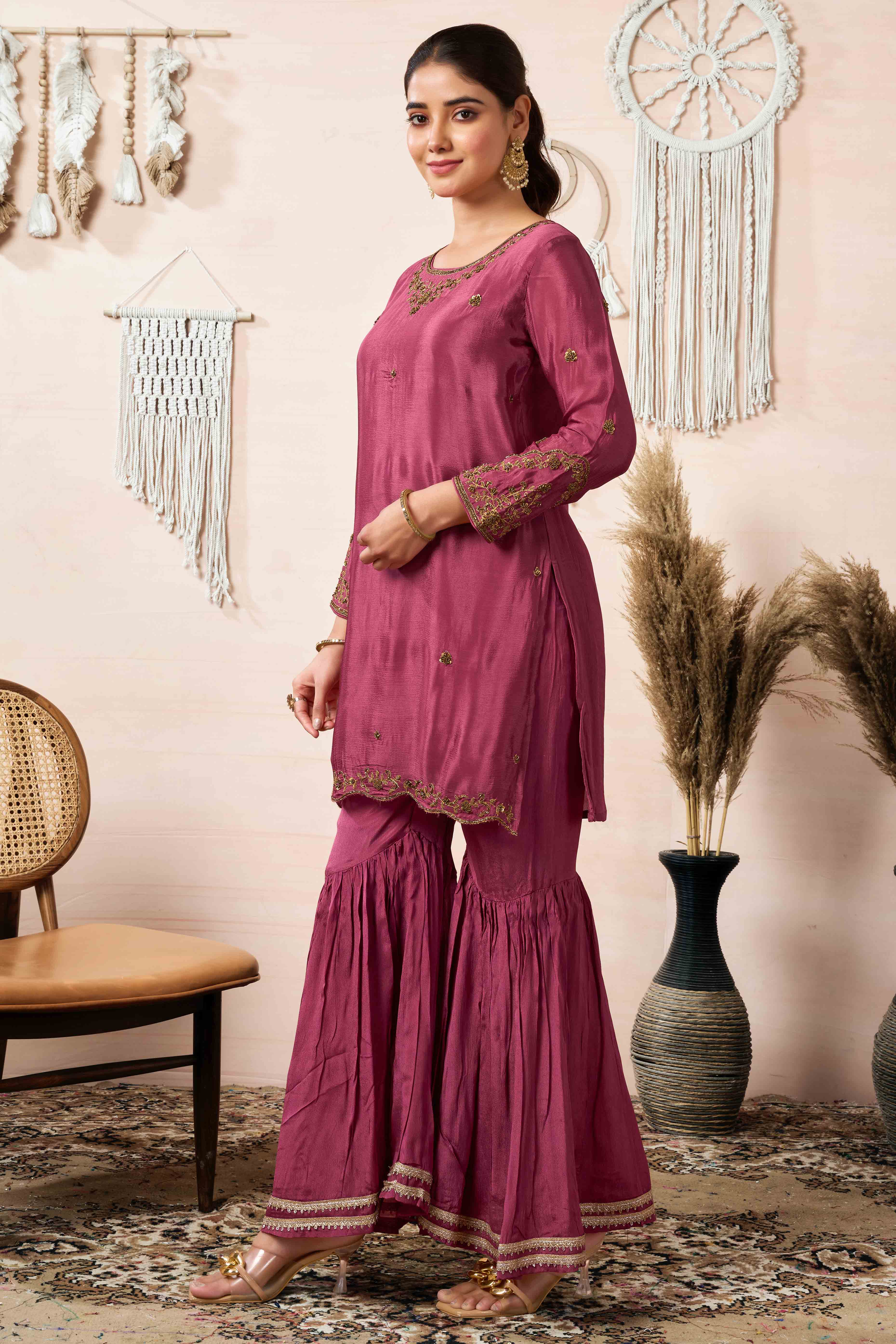 Rust Zardosi Work Embroidered Pure Chinon Sharara Suit