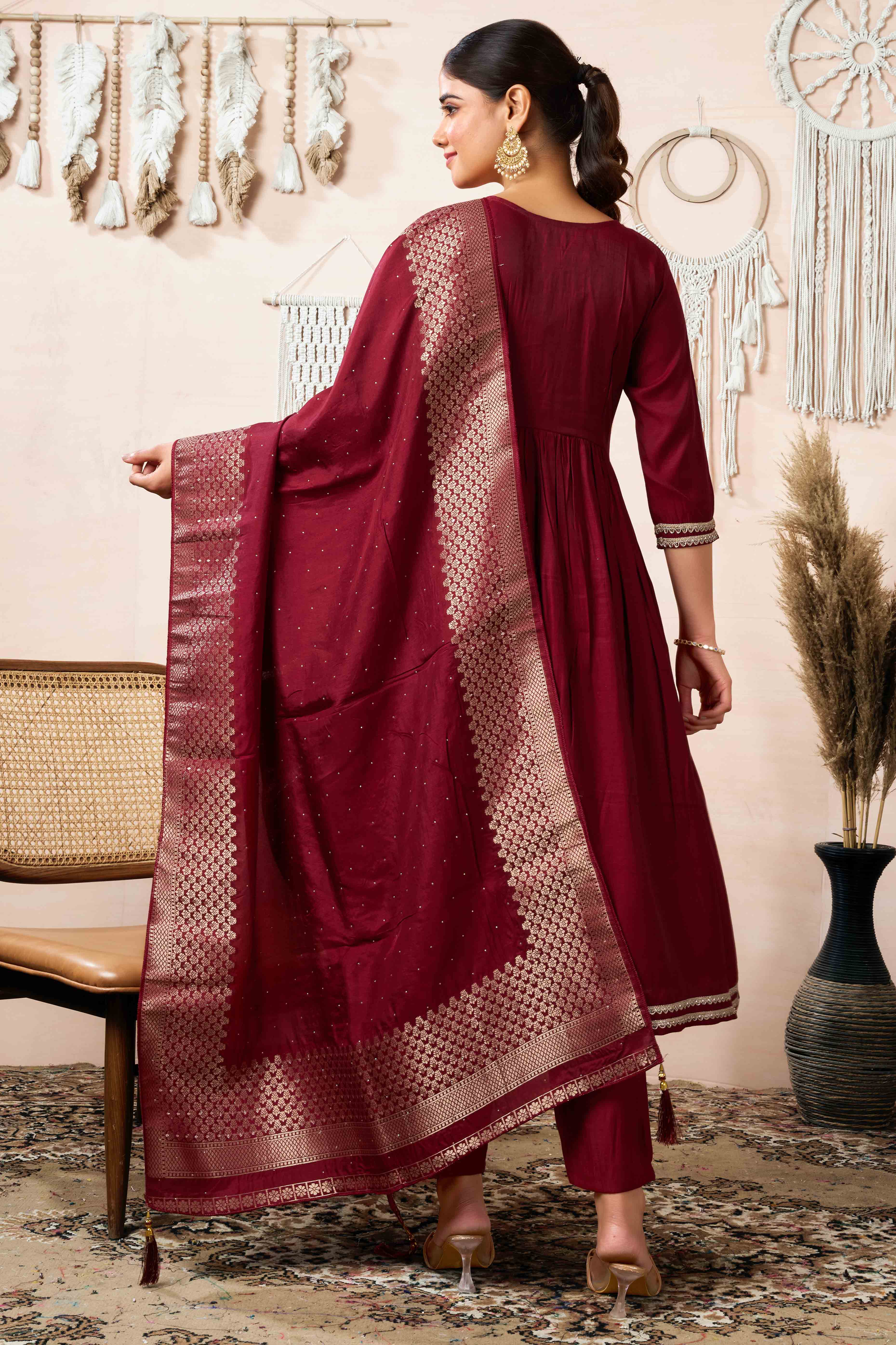 Maroon Sequins Embroidered Cotton Silk Anarkali Salwar Suit