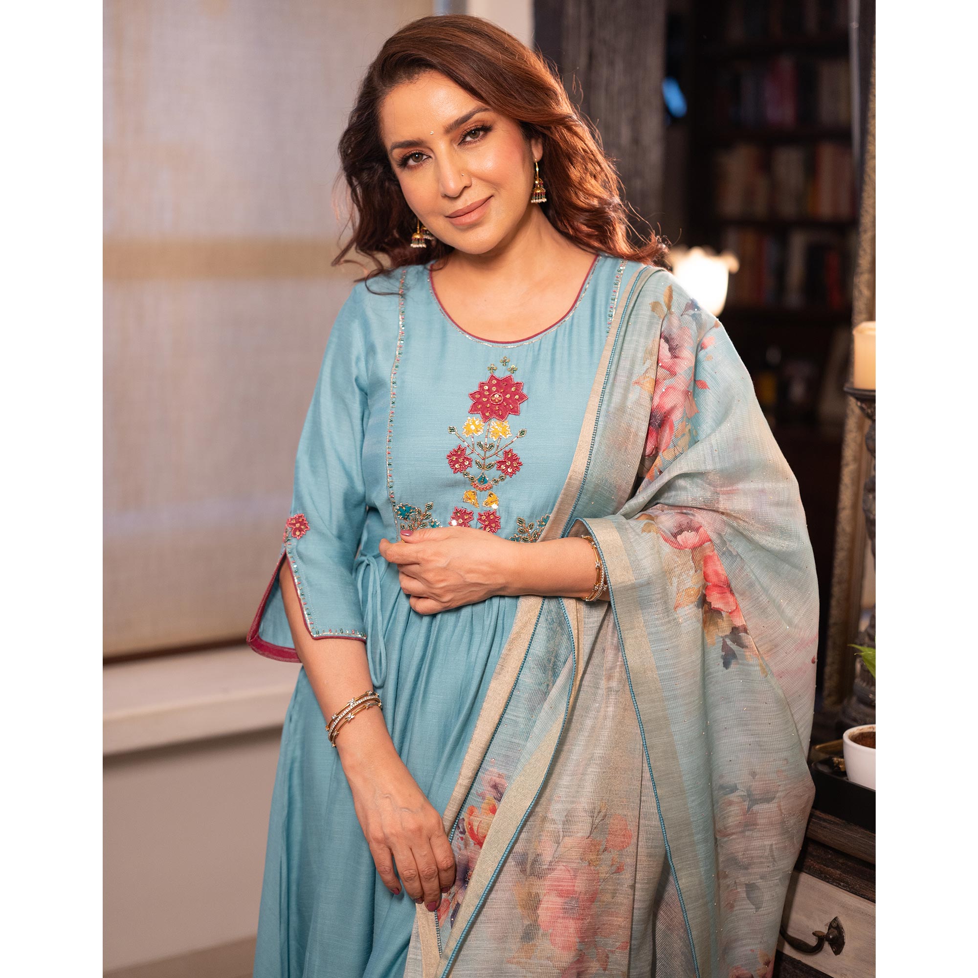 Sky Blue Neck Embroidered Viscose A-Line Salwar Suit