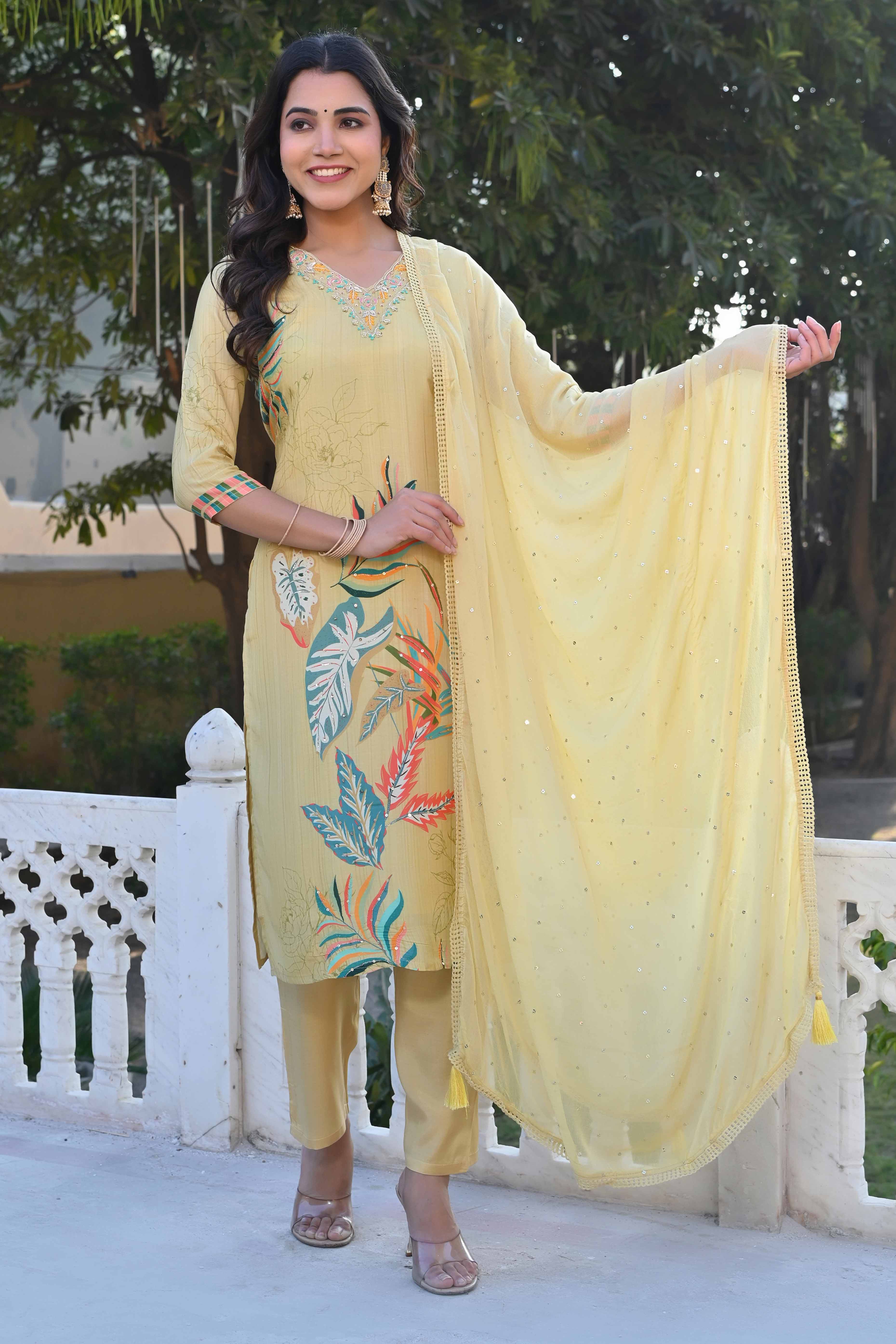 Lime Yellow Sequins Work With Printed Muslin Salwar Suit