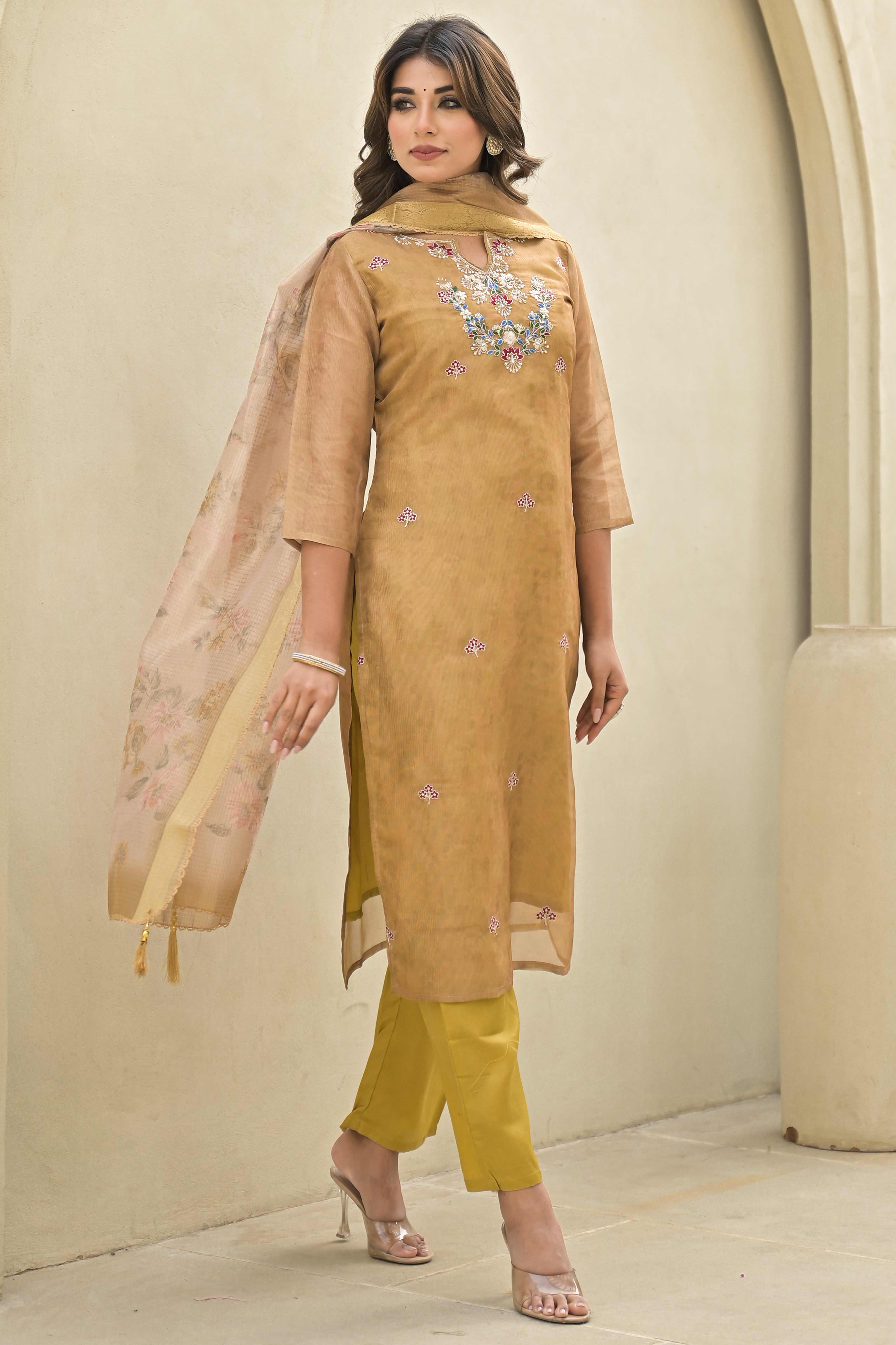 Golden Embroidered Crush Chanderi Salwar Suit