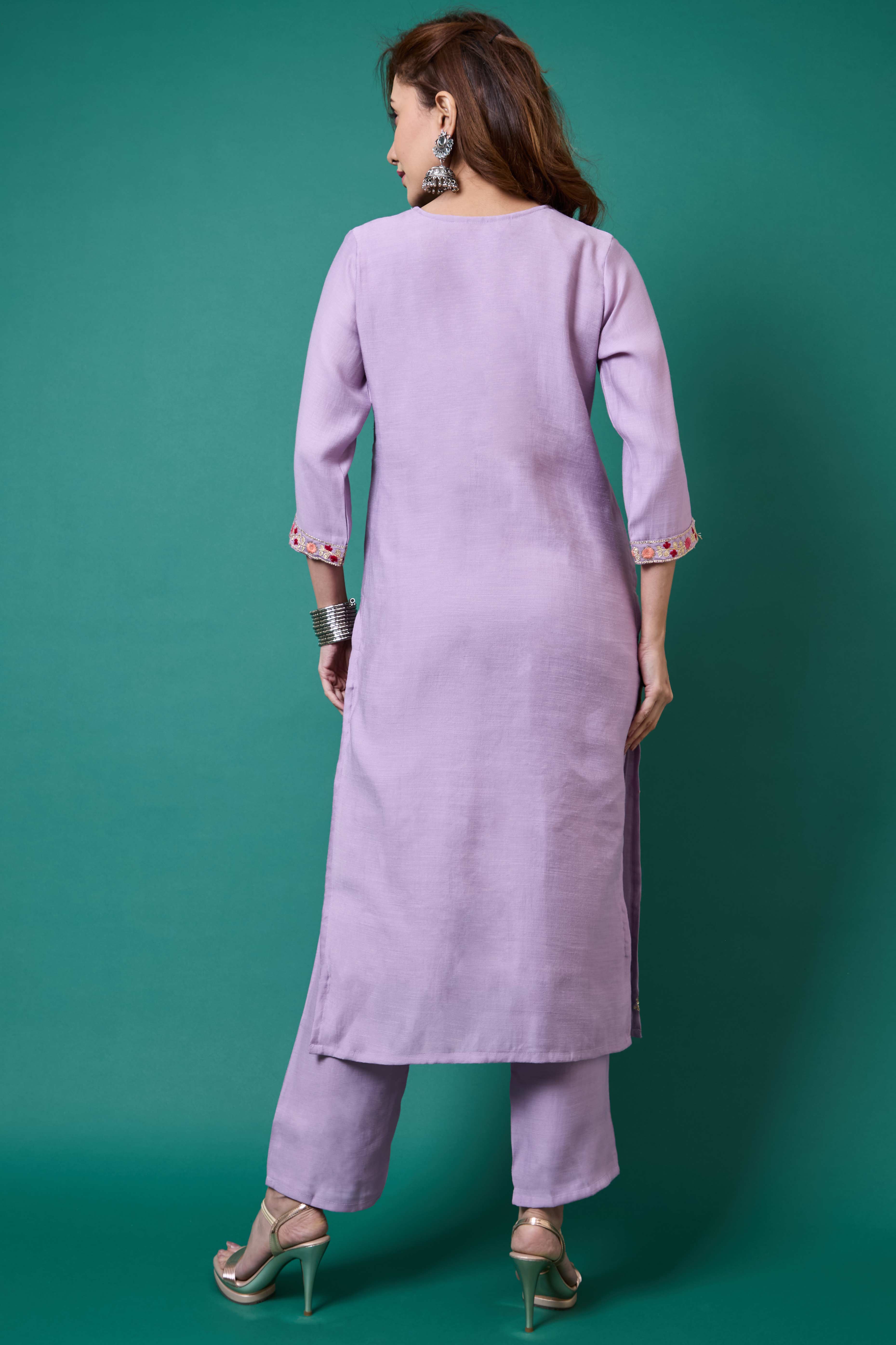 Lavender Handwork Embroidered Viscose Straight Salwar Suit