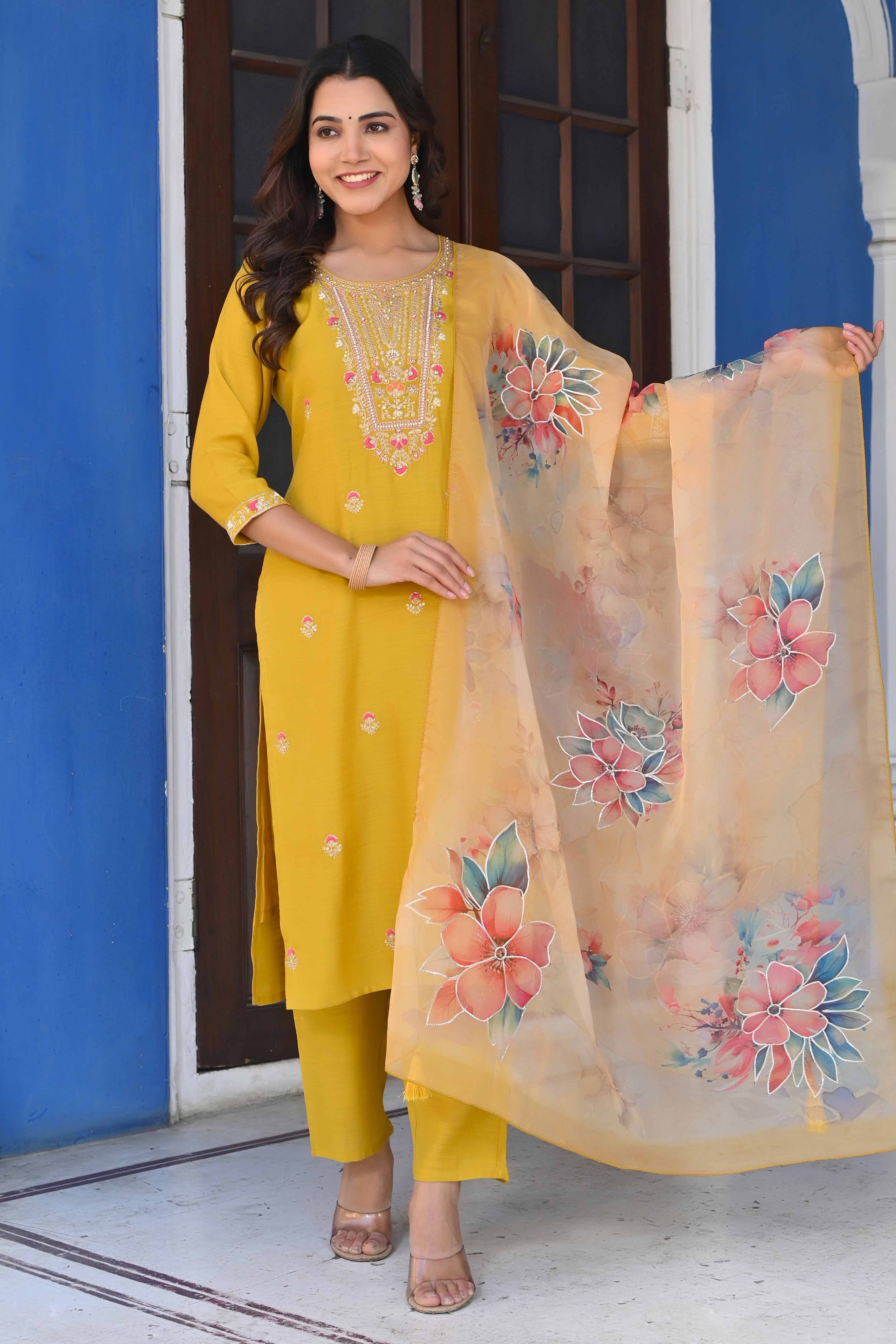 Mustard Handwork Embroidered Viscose Straight Salwar Suit