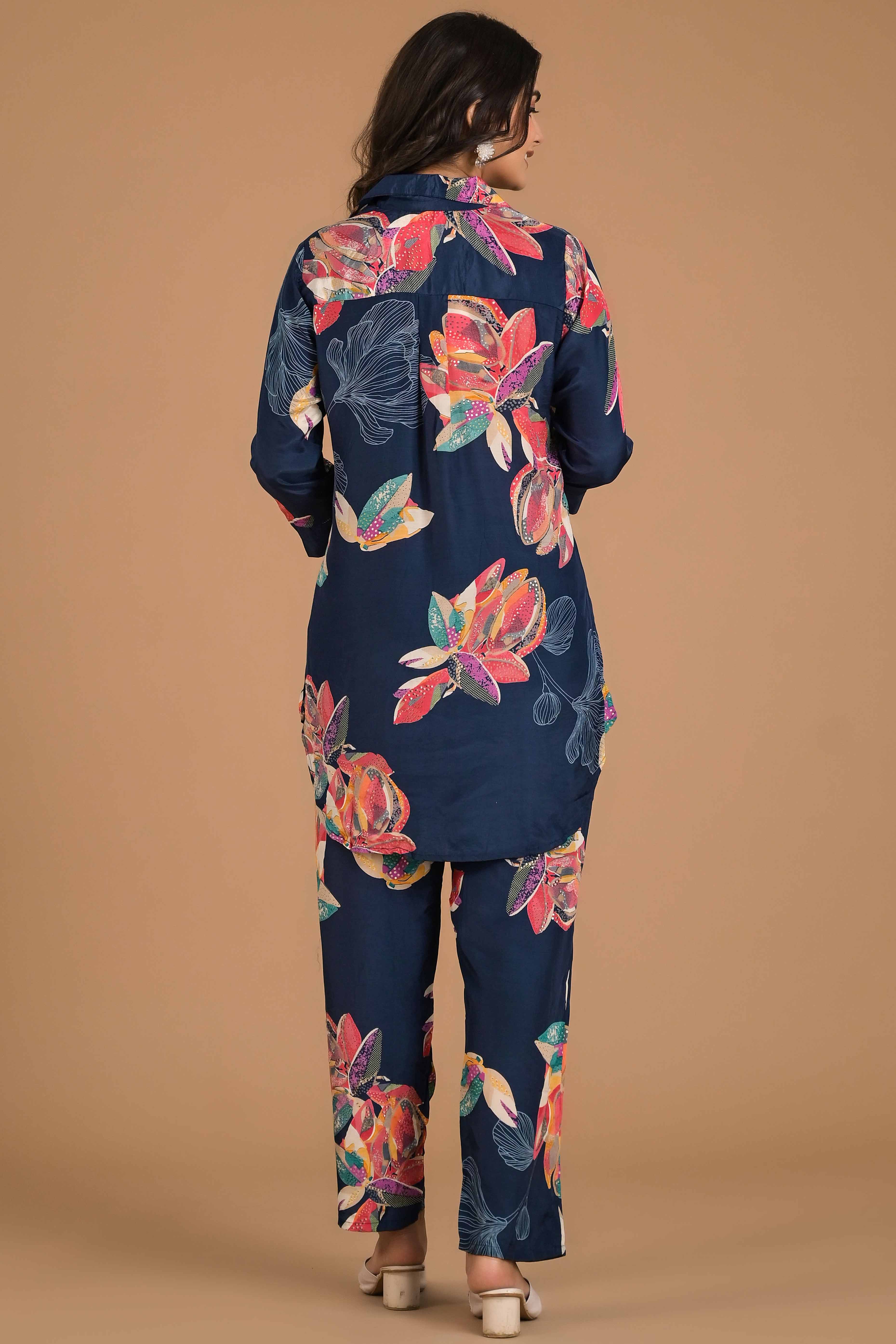 Blue Floral Printed Muslin Co-Ord Set