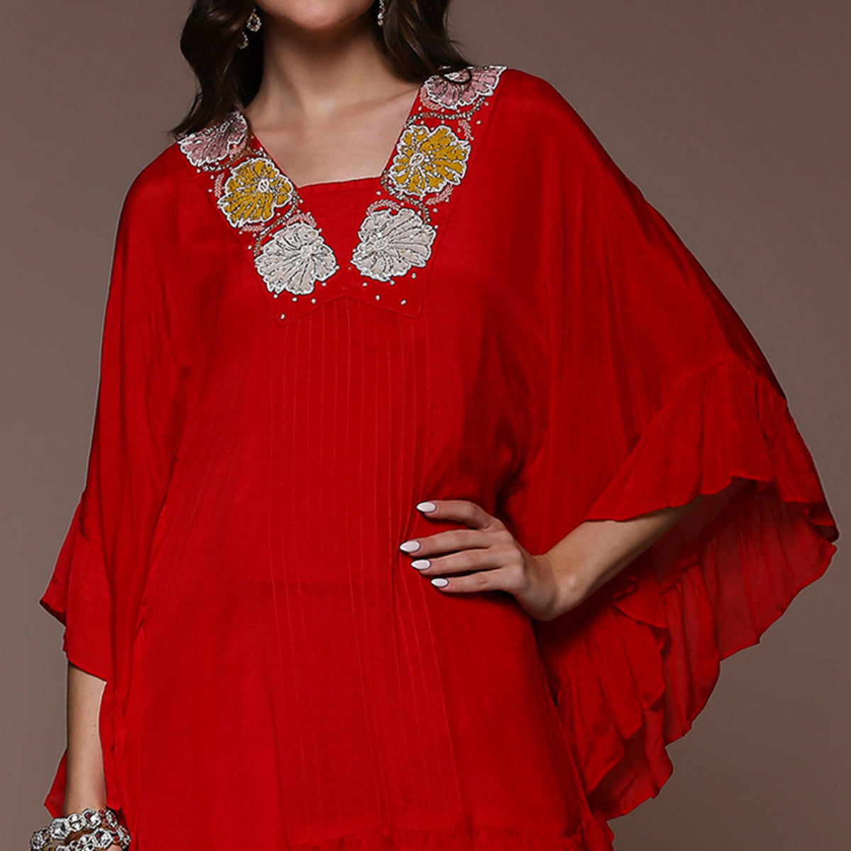 Crimson Red Embroidered Kaftan Style Chinon Co-Ord Set