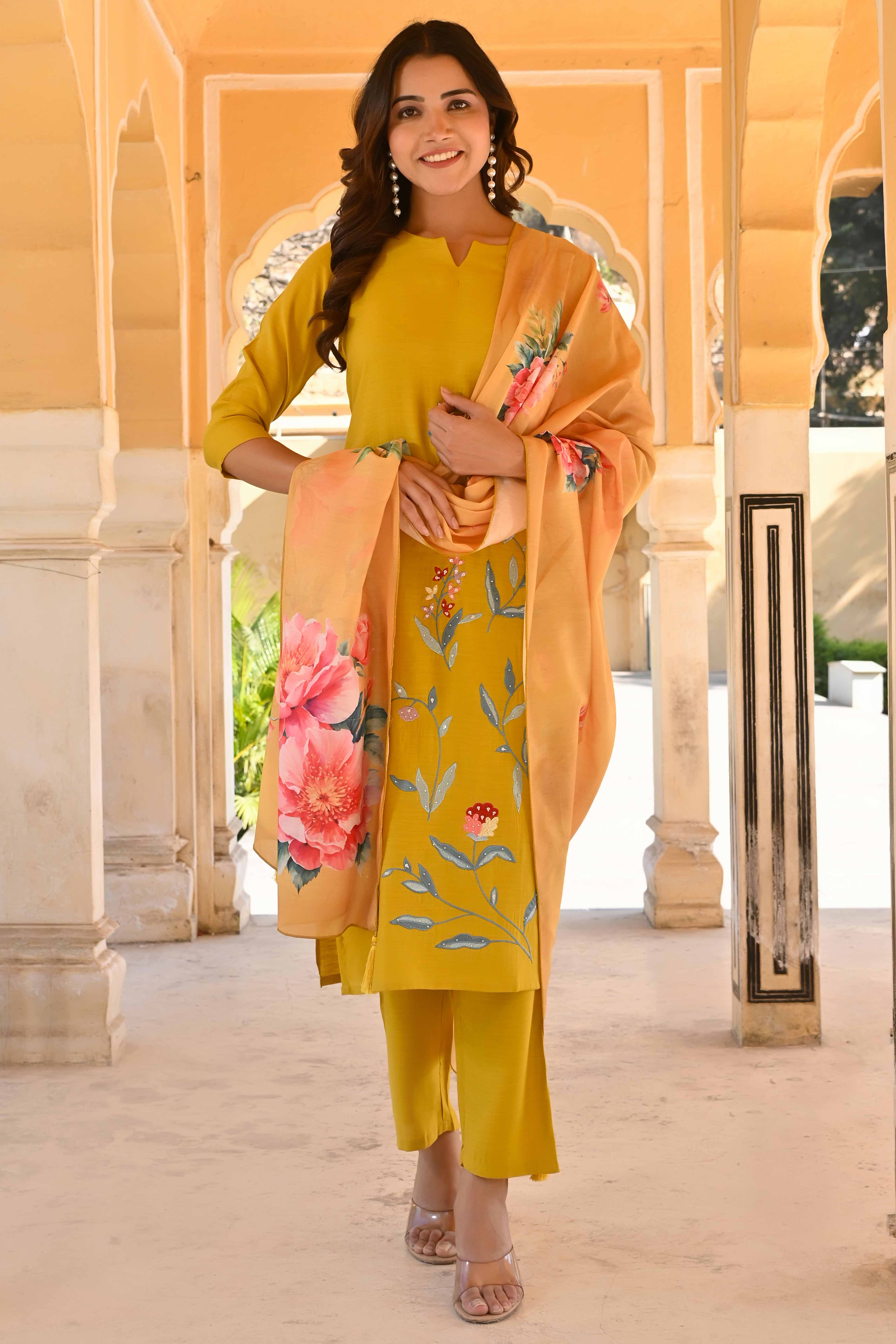 Mustard Floral Embroidered Viscose Straight Salwar Suit