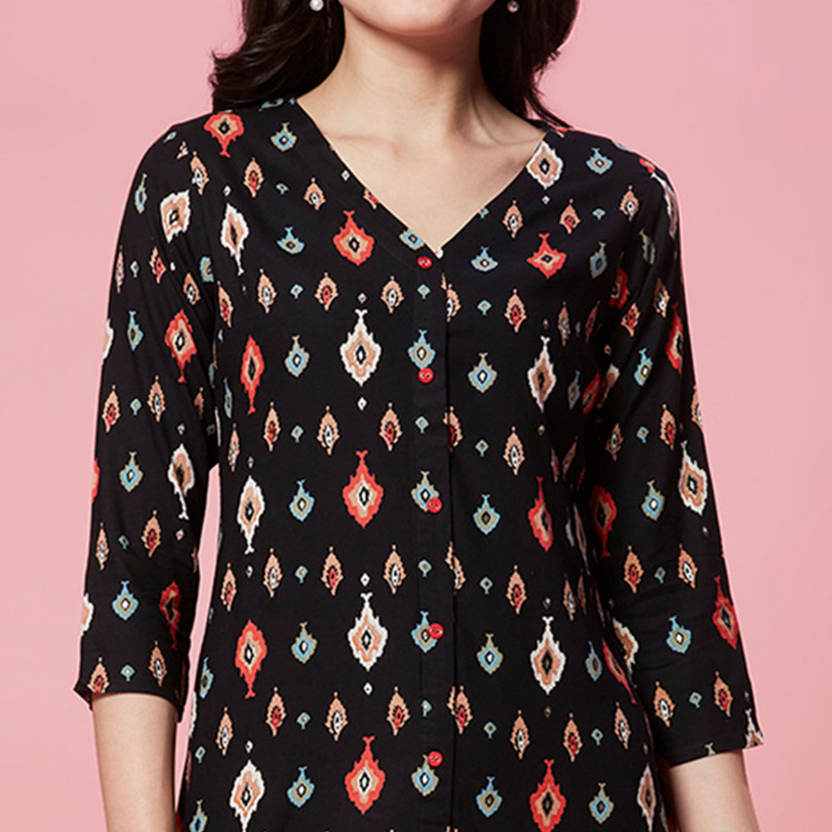 Black Ikkat Printed Rayon Straight Kurti