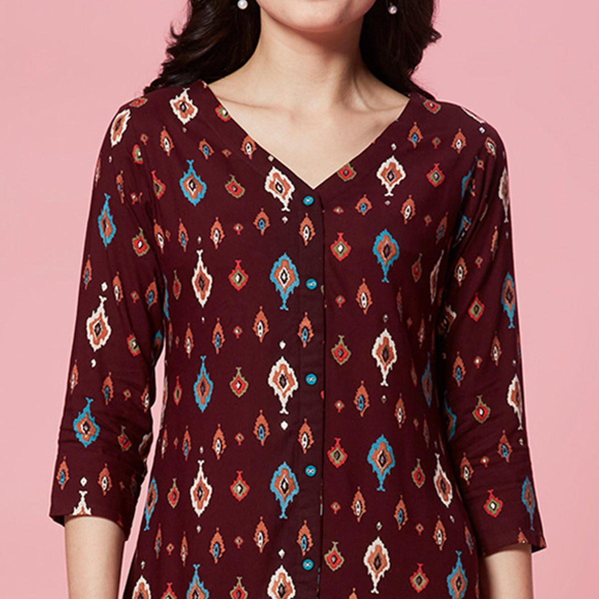 Maroon Ikkat Printed Rayon Straight Kurti