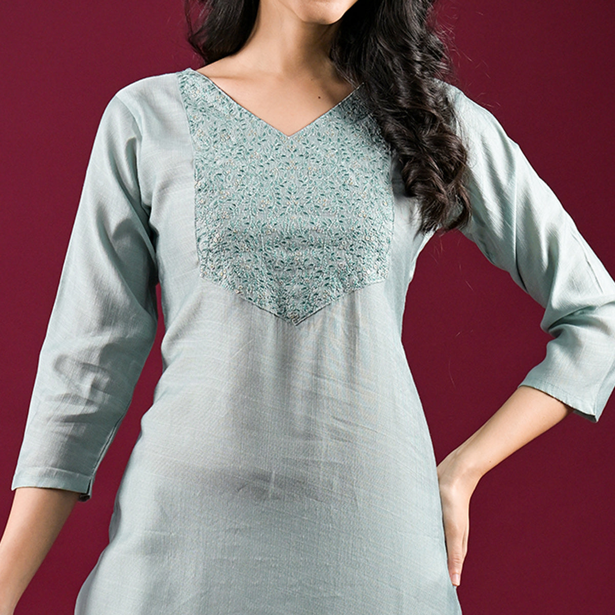 Mint Green Yoke Embroidered Viscose Straight Kurti