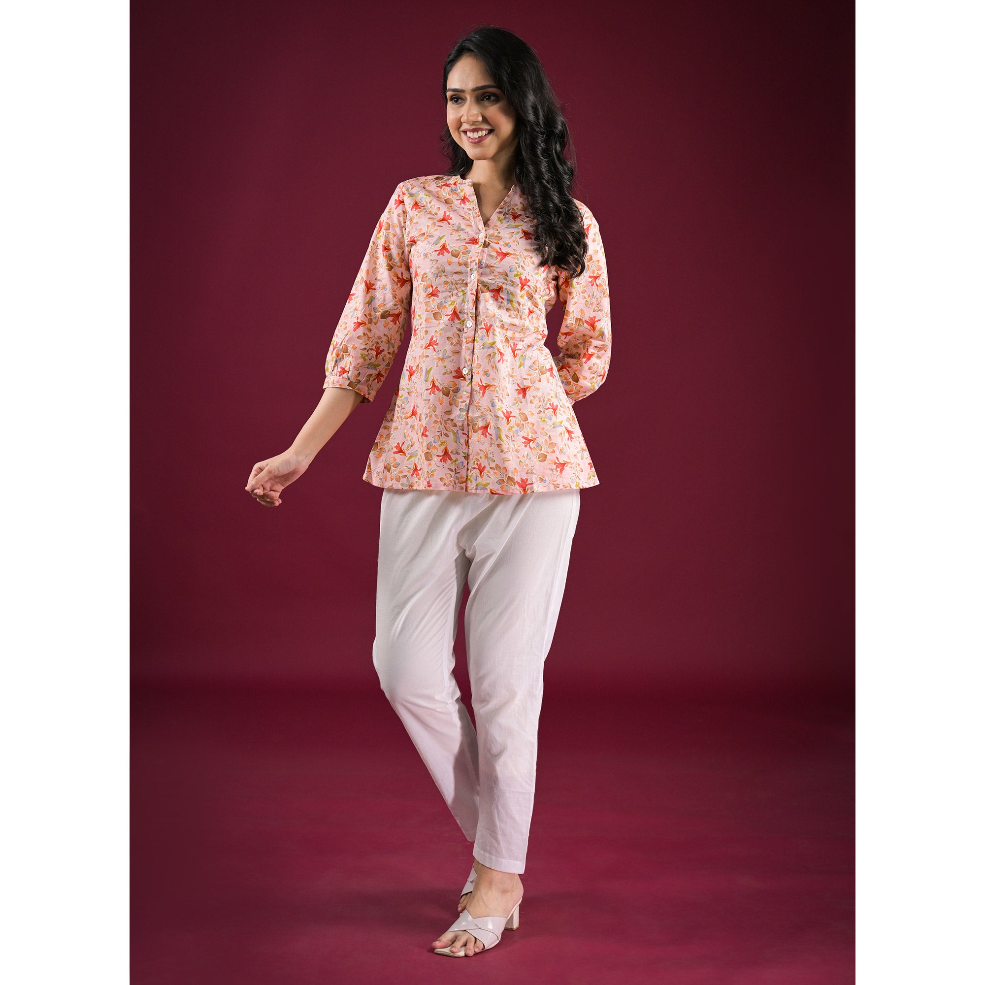 Peach Floral Printed Pure Cotton Top