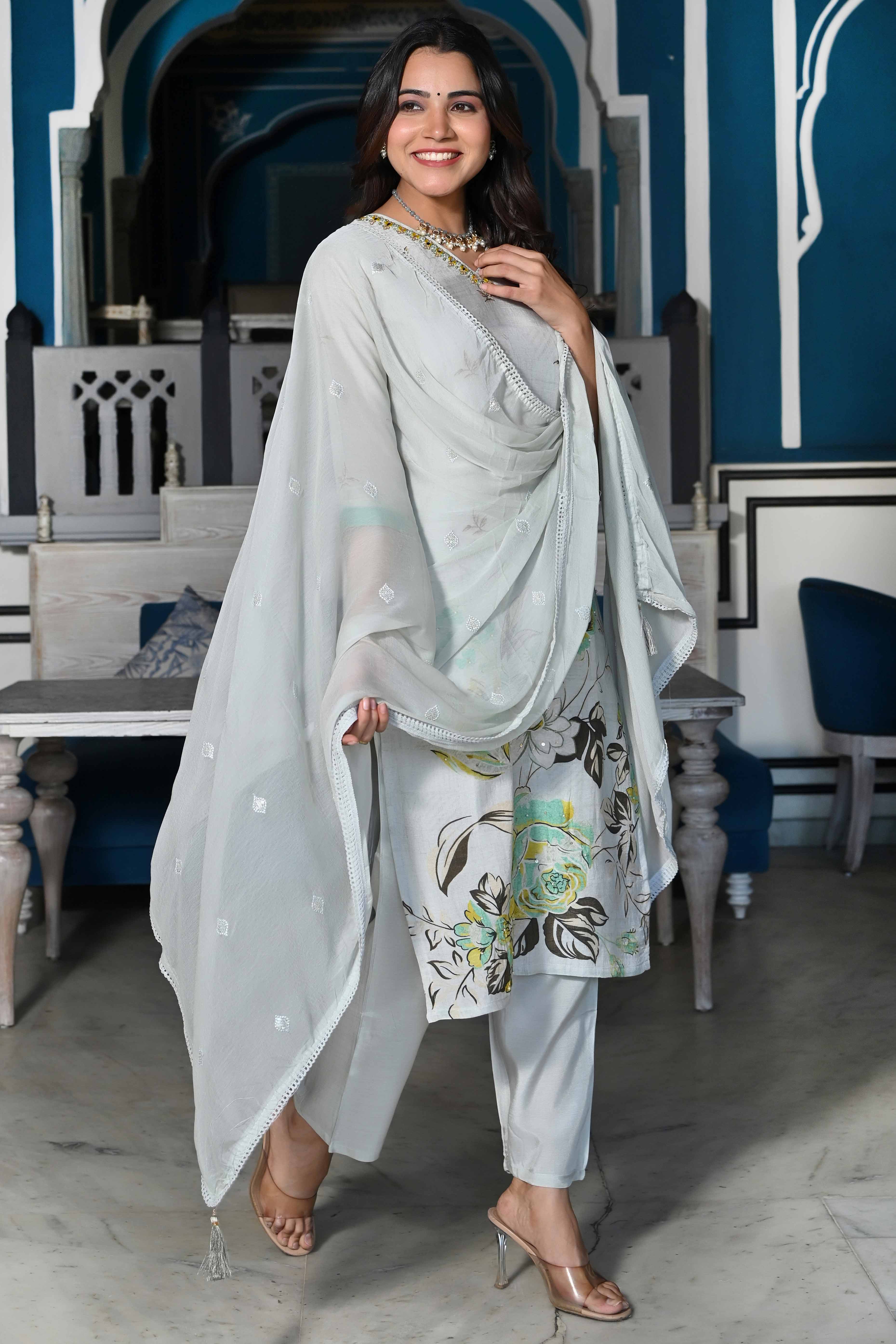 Grey Floral With Beads Work Printed Muslin Salwar Suit