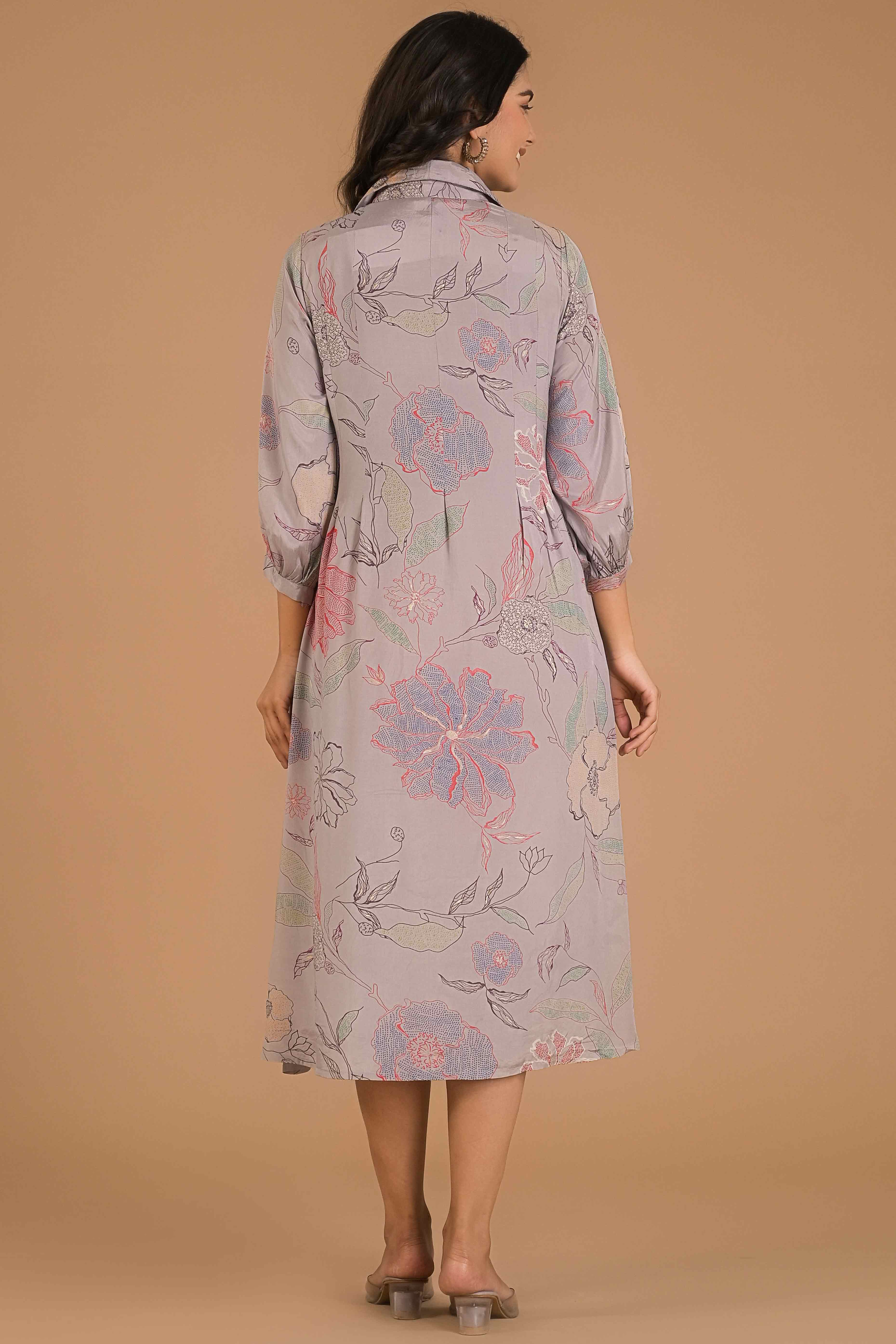 Light Purple Floral Printed Muslin A-Line Dress