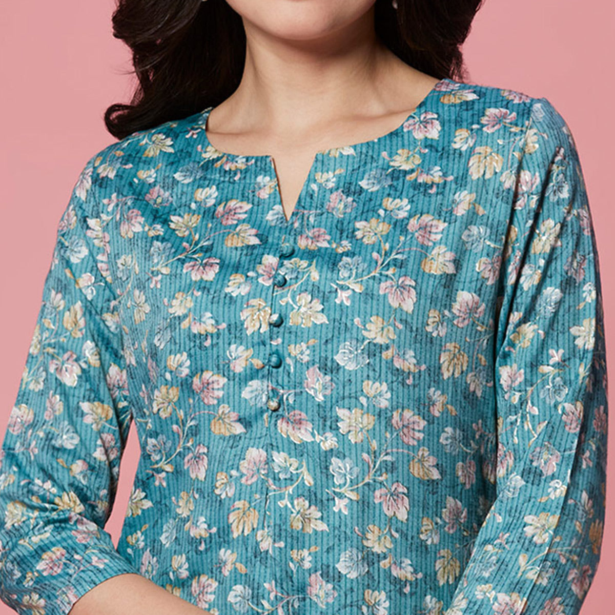 Turquoise Floral Printed Pure Cotton Straight Kurti