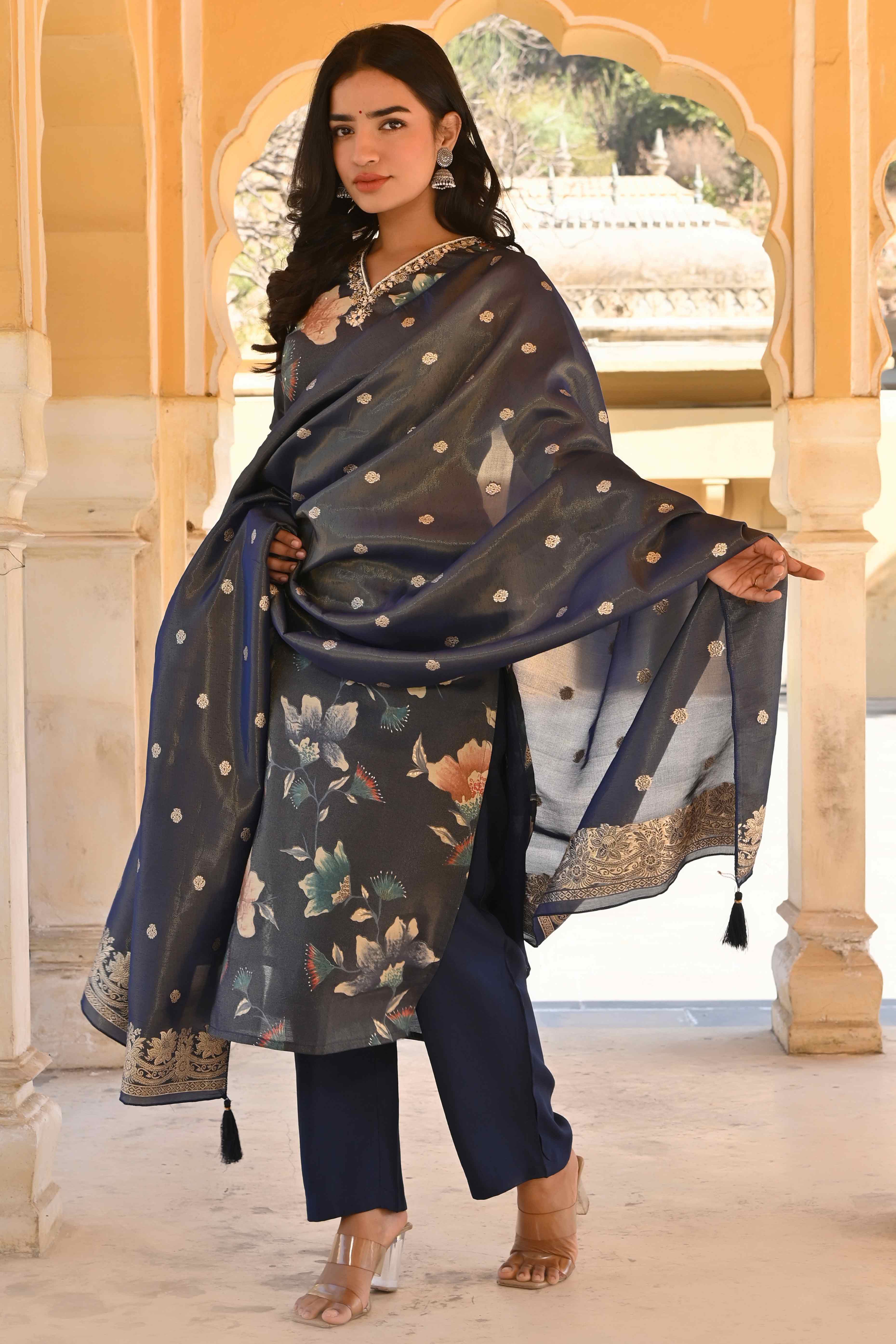 Blue Floral Foil Pinted With Handwork Viscose Salwar Suit